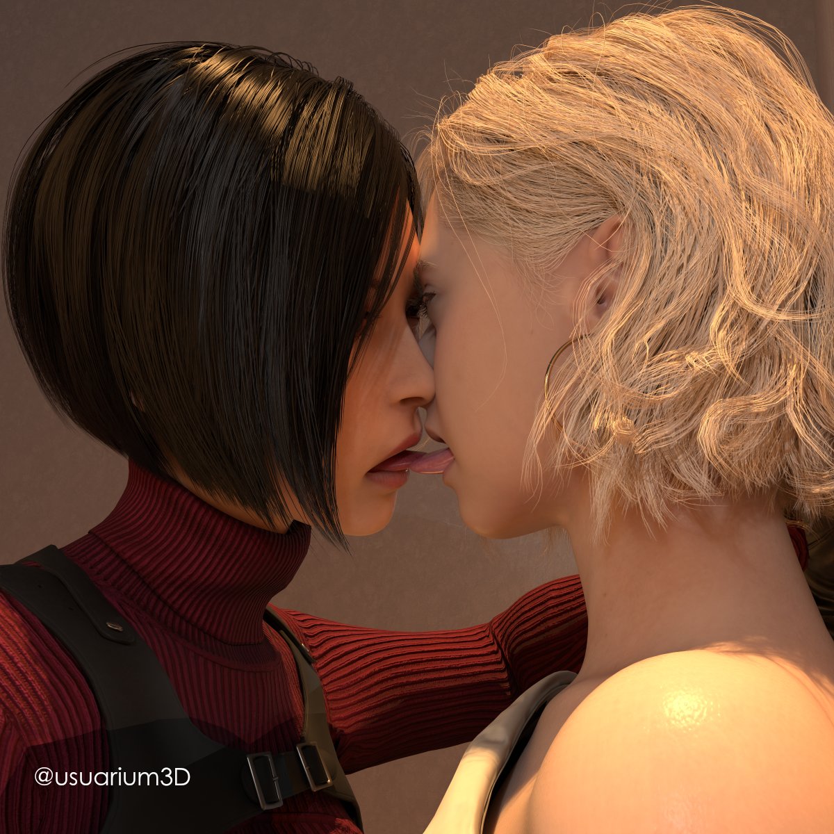 2girls, 3d, 3d (artwork), 3d model, 3d render, ada wong, ada wong (adriana), asian female, biohazard, blonde female, blonde hair, bob cut, brunette female, brunette hair, capcom, close up, close-up, clothed, clothed female, earrings, female, female on female, female only, female/female, grace ashcroft, grace ashcroft (julia pratt), grace ashcroft (noir costume), kissing, mustard sfm, phatphaps, resident evil, resident evil 4, resident evil 4 remake, resident evil 9: requiem, short hair, tagme, tongue, tongue kiss, tongue out, usuarium3d, wavy hair, yuri