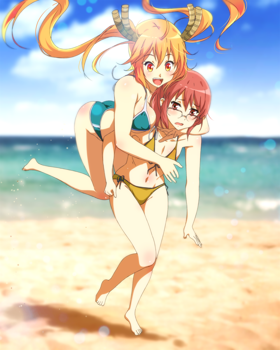 2girls beach belly_button big_breasts bikini blue_sky brown_eyes cloud clouds collarbone dragon_girl dragon_horns glasses happy hugging hugging_from_behind kobayashi lens_flare megane miss_kobayashi's_dragon_maid orange_eyes sand sbel02 small_breasts tagme tohru_(dragon_maid)