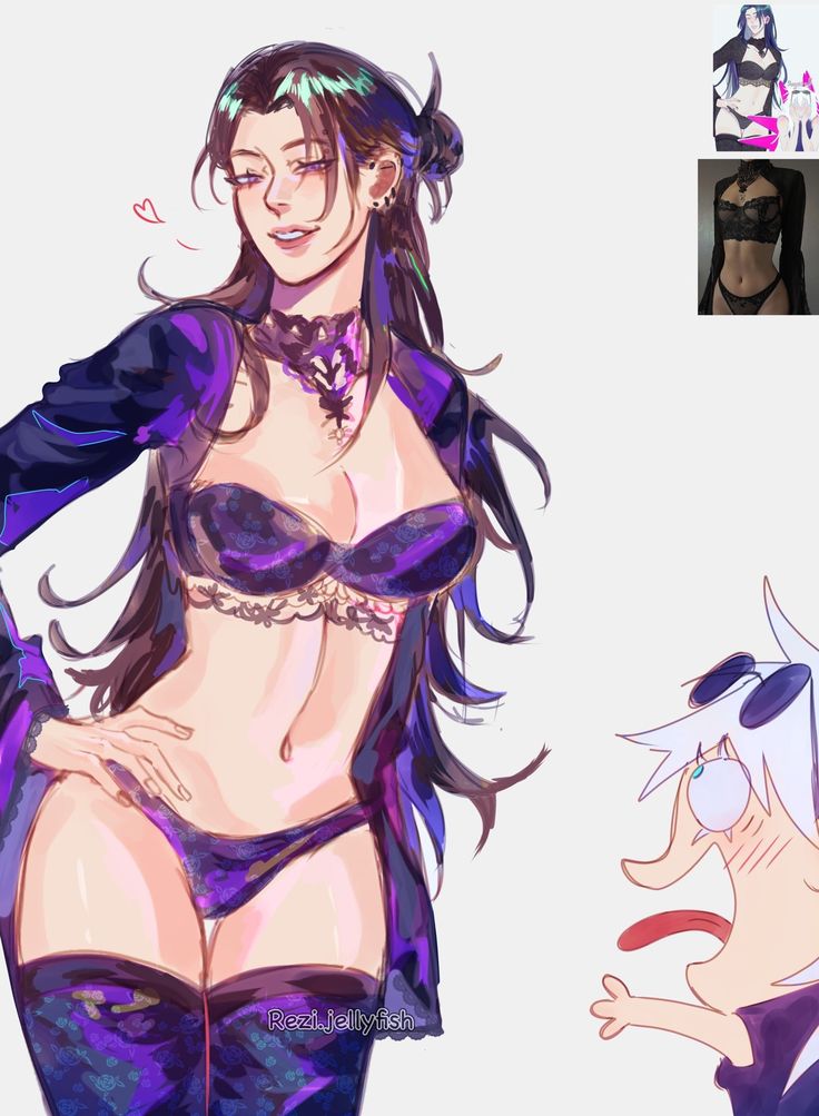 1boy, 1girls, cleavage, female, female focus, fit female, funny face, genderswap (mtf), getou suguru, gojou satoru, heart, horny face, horny male, jujutsu kaisen, lingerie, lingerie only, long hair, posing, reference image, rule 63, satoru gojo, strapless, strapless bra, suguru geto, thick thighs, thighhighs, tongue out, voluptuous, voluptuous female
