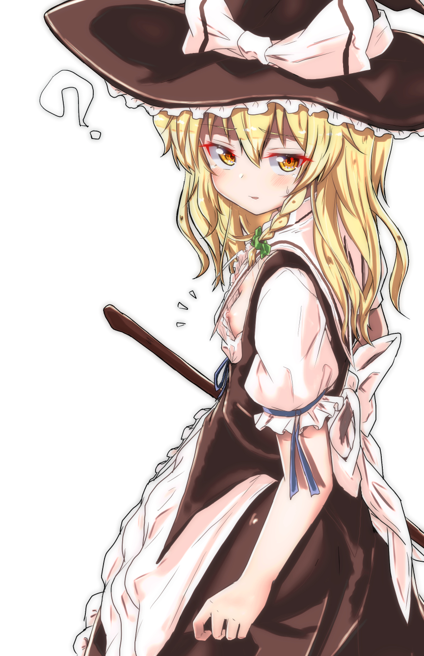 ? bangs blonde_hair blush bow braid breasts broom dress eyebrows_visible_through_hair green_bow hat hat_bow highres looking_at_viewer marisa_kirisame mukkushi nipples sash small_breasts sweatdrop touhou white_background yellow_eyes