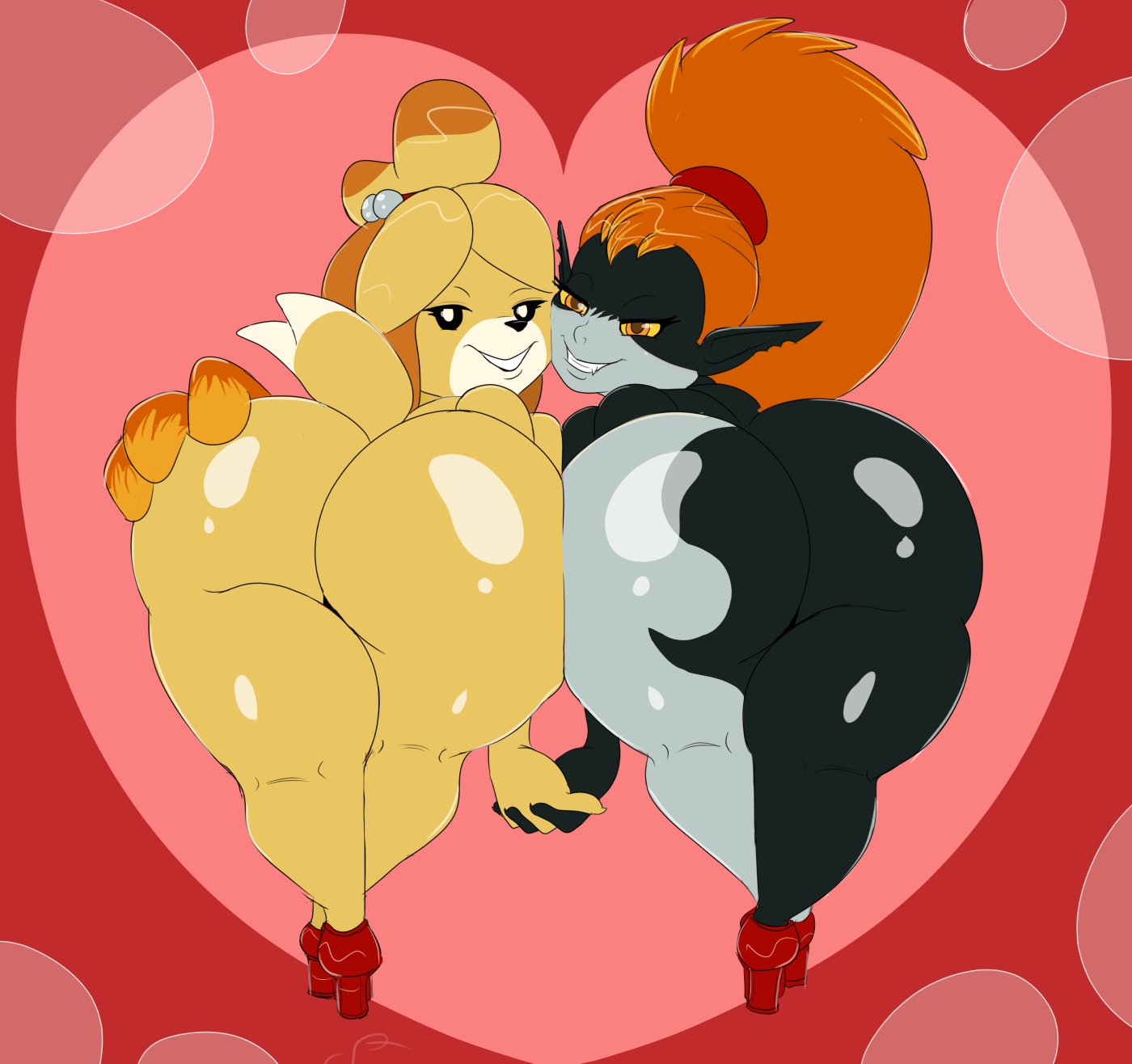2020, 2girls, animal crossing, anthro, ass, big ass, big butt, crossover, female, female only, humanoid, imp midna, isabelle (animal crossing), looking back, midna, multiple females, multiple girls, nintendo, no helmet imp midna, platform heels, presenting ass, shortstack, squeedrii (artist), the legend of zelda, thick thighs, thighs, twilight princess, wide hips