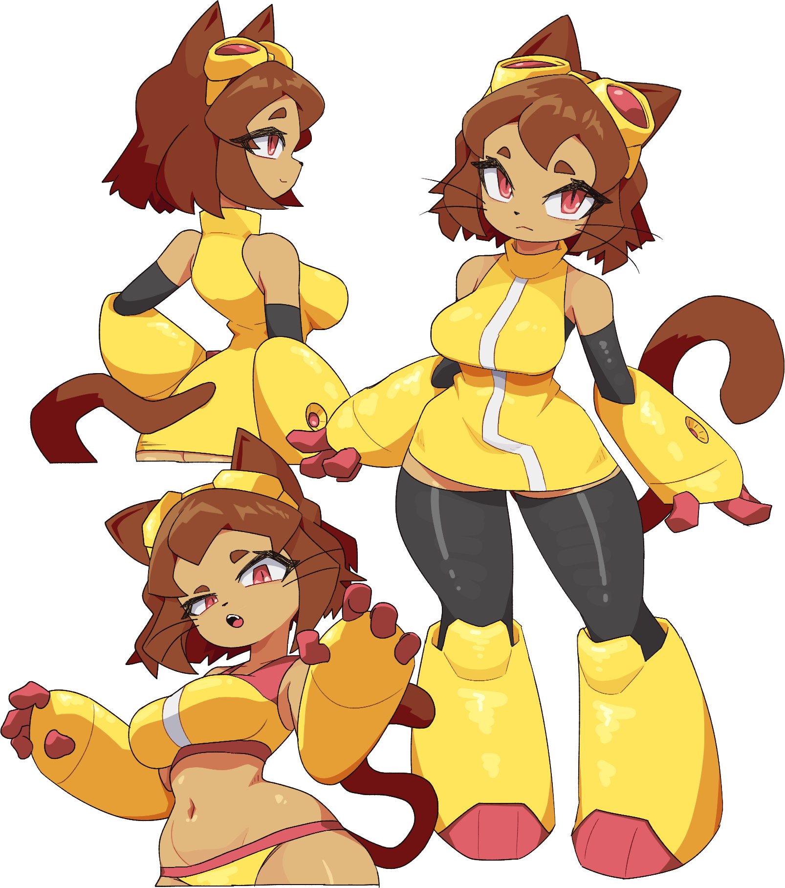 1girls, ass, big breasts, bluesky link, cat ears, cat tail, catgirl, color, female, female focus, fully clothed, gameoverse, glitch productions, goggles, goggles on head, hand on hip, kit (gameoverse), maroon eyes, robotic arm, smile, solo, sub-neamo, tail, whiskers, wide hips