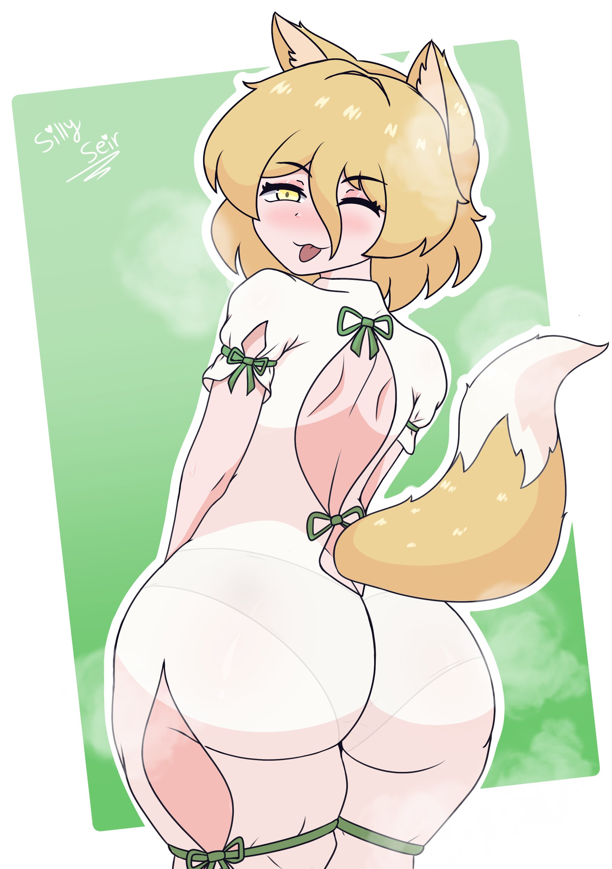 artist signature, ass, ass focus, back, back cutout, back view, big ass, big butt, form fitting, fox, fox ears, fox girl, fox tail, huge ass, huge butt, kudamaki tsukasa, looking at viewer, looking back, one-piece dress, panties, panties visible through clothing, see-through clothes, see-through clothing, side ass, side cutout, sillyseir, solo, solo female, solo focus, sticking out tongue, sticking tongue out, tagme, tagme (artist), tail cutout, thick thighs, thighhighs, tight clothes, tight clothing, touhou, transparent clothing, wink, winking at viewer