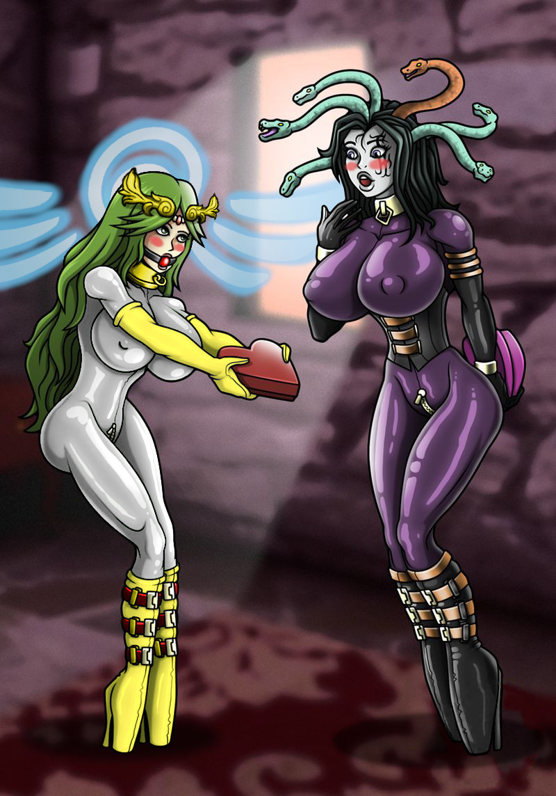 2girls alternate_color ball_gag ballet_boots ballet_heels blush bodysuit bondage_gear chocolate_box collar corset crotch_zipper edit female femdom femsub fully_clothed gag high_heels kid_icarus kid_icarus_uprising large_breasts latex medusa medusa_(kid_icarus) metal_collar multiple_girls palutena re-maker remaker shiny_clothes third-party_edit tight_clothing valentine's_day valentines_day willing_sub yuri