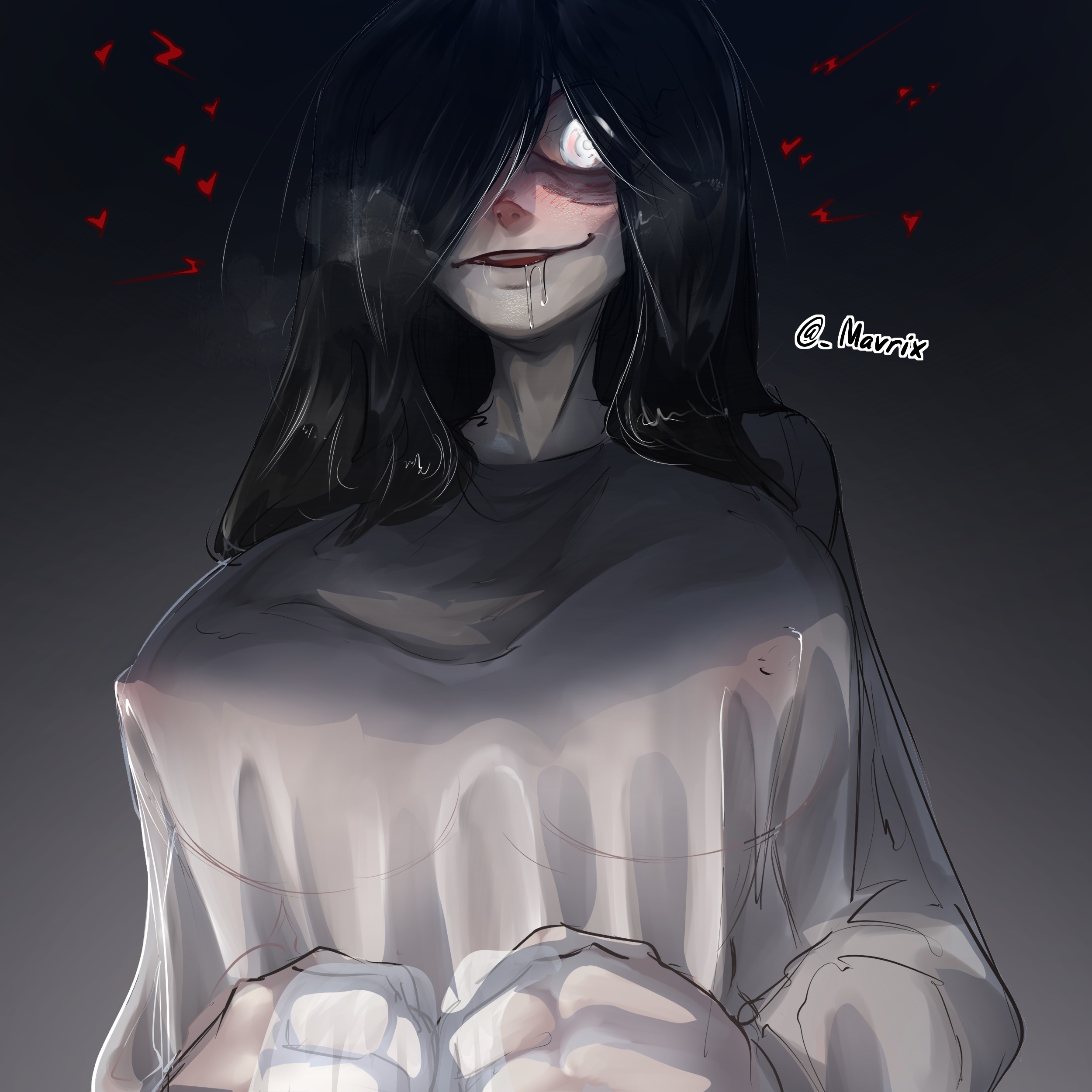 1girls, 2d, 2d (artwork), areolae, artist name, black hair, black hair female, black-haired female, blank background, blush, breasts, breasts visible through clothing, drooling, heart, mavrix, nipples, nipples visible through clothes, nipples visible through clothing, sadako yamamura, saliva, solo, solo female, the ring, twitter handle, white shirt, yamamura sadako