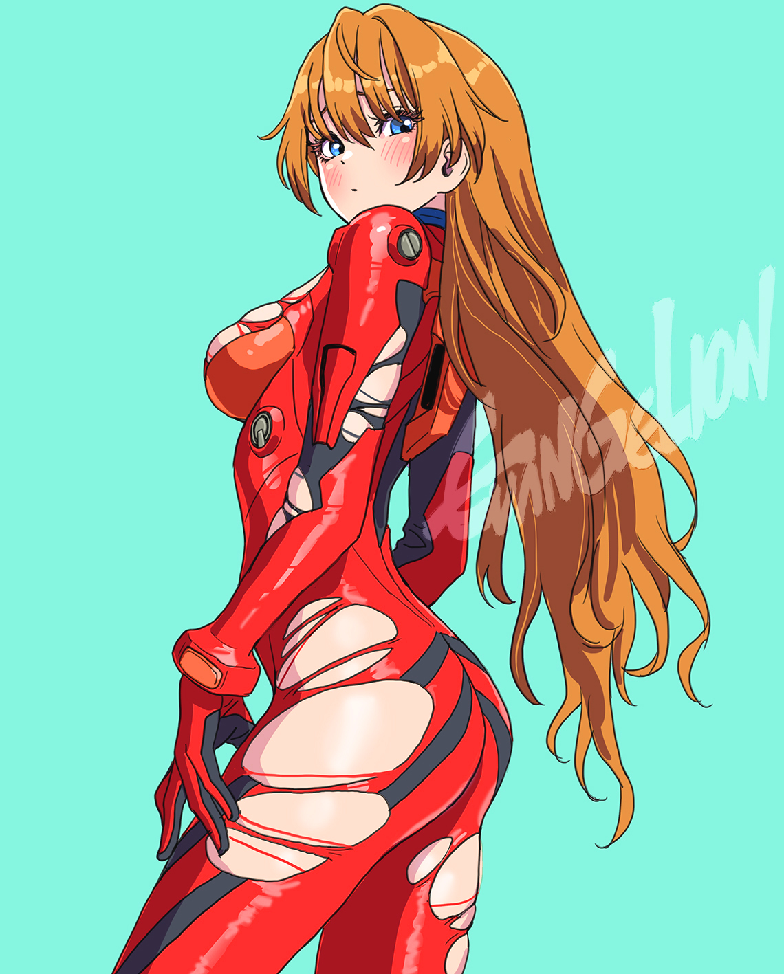 1girls, aqua background, ass, asuka langley sohryu, blue eyes, blush, bodysuit, breasts, commentary, cowboy shot, curvy, evangelion: 3.0+1.0 thrice upon a time, female, from side, hair down, highres, huge ass, long hair, looking at viewer, mecha pilot suit, medium breasts, neon genesis evangelion, orange hair, plugsuit, plugsuit (evangelion), rebuild of evangelion, red bodysuit, shiny skin, solo, souryuu asuka langley, standing, torn bodysuit, torn clothes, tsundere, wide hips, yamashita shun'ya