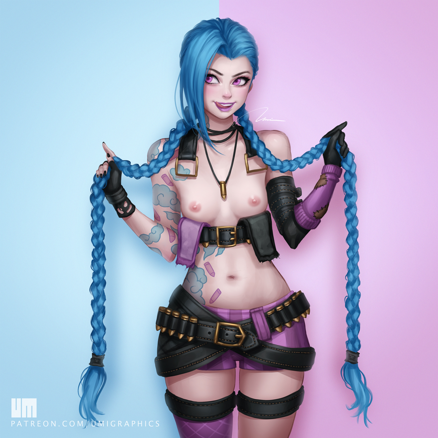 1girls, areolae, blue hair, breasts, clothing, female, human, jinx (league of legends), league of legends, licking lips, partially clothed, purple eyes, small breasts, smile, solo, topless, umitaro