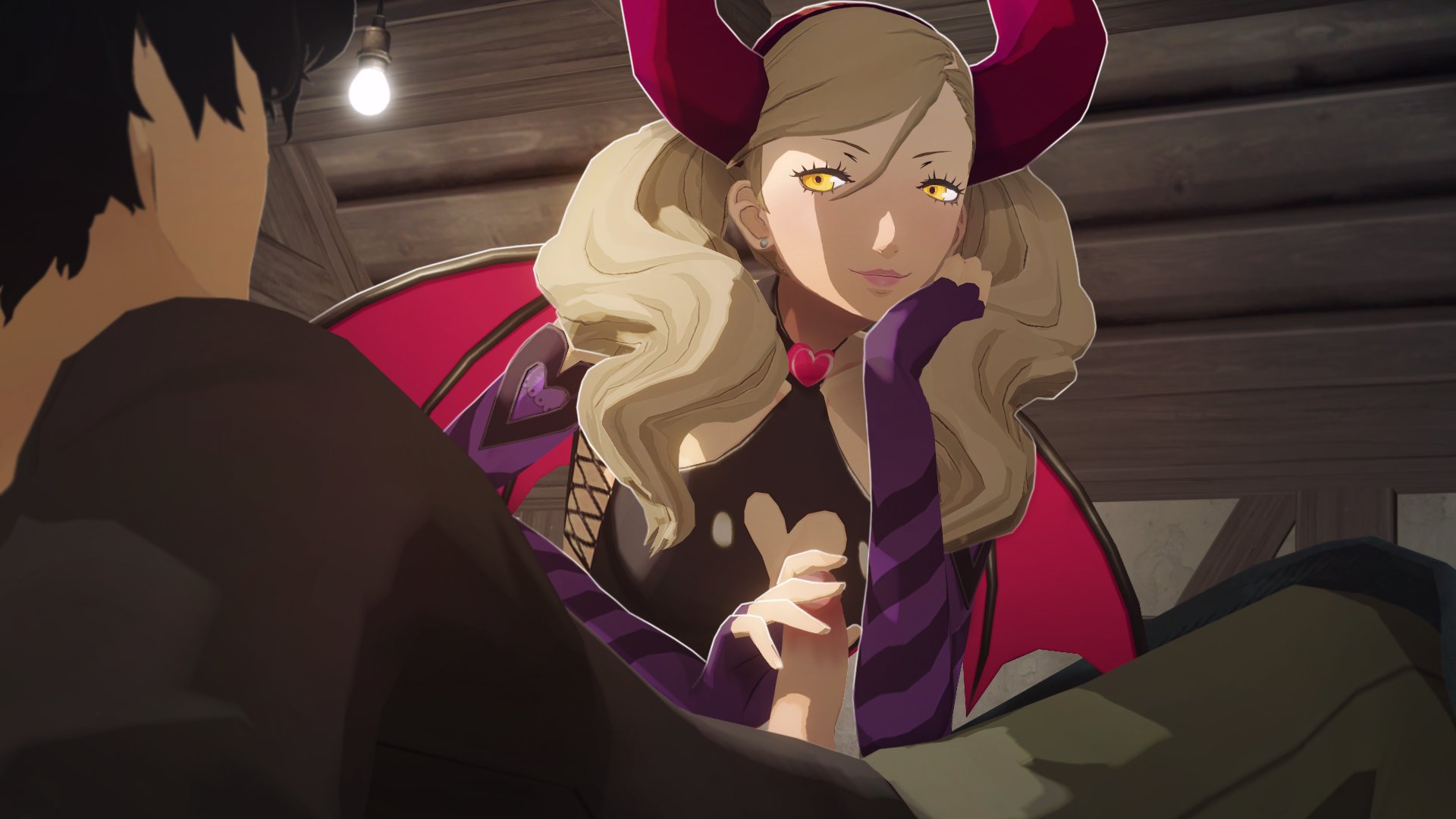 3d, ann takamaki, atlus, clothed, dark hair, female, horns, horny female, male, megami tensei, persona, persona 5, ren amamiya, shin megami tensei, stroking penis, succubus costume, touching penis, uriziel38, white hair, yellow eyes