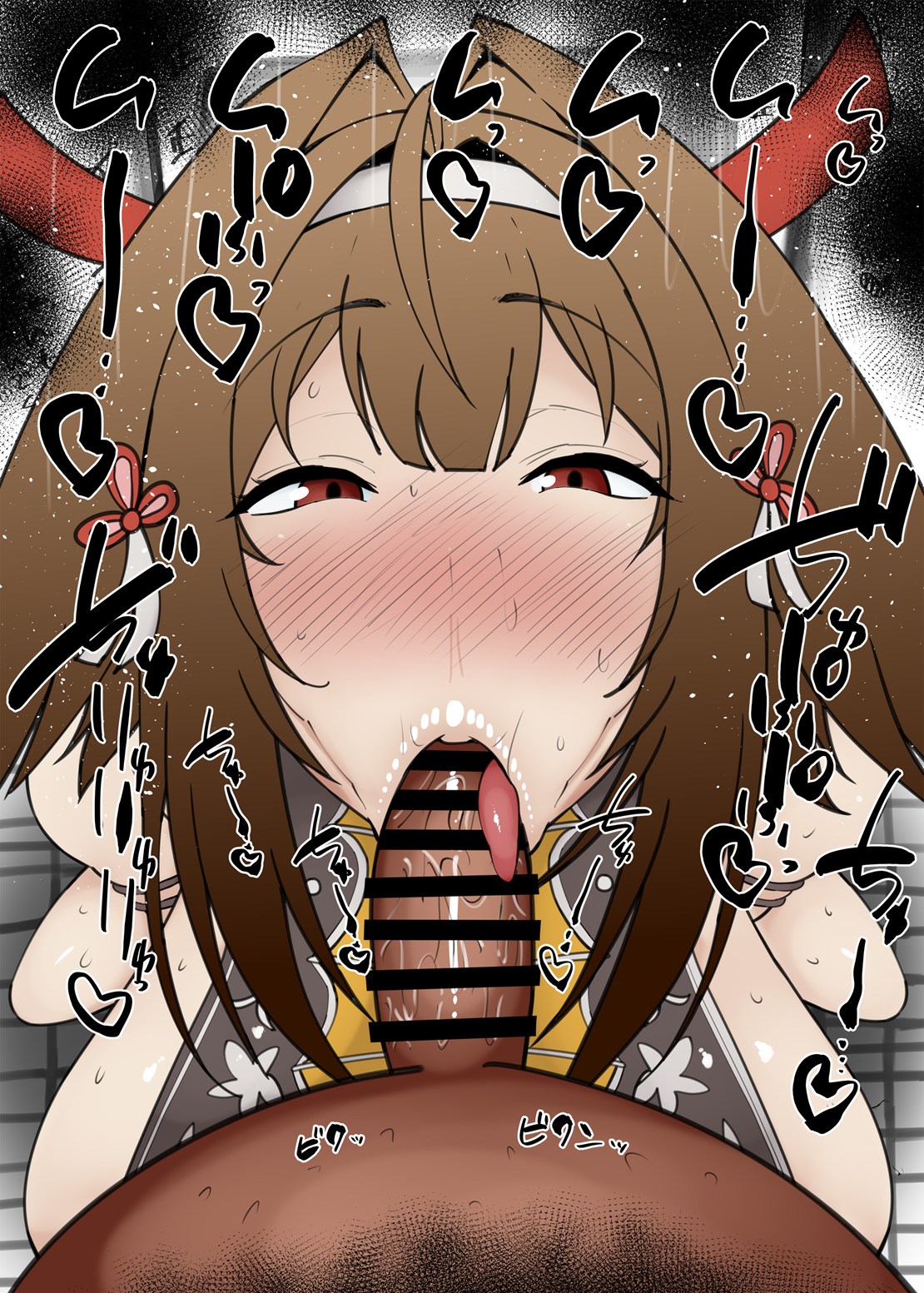 :>=, 1boy, 1girls, bare shoulders, big penis, blush, brown eyes, brown hair, censored, dark skin, dark-skinned male, detailed background, drooling, eyelashes, fellatio, female, fox ears, fox girl, fox humanoid, heart, heart-shaped pupils, human, indoor, inside, interracial, kitsune, kitsunemimi, kurotama, long hair, looking at viewer, male, male pov, monochrome, oral, oral sex, penis, pov, room, saliva, shiny, shiny skin, sketch, sound effects, squatting, sweat, text, tied hair, vein, veins, veiny, veiny penis, ye shunguang, zenless zone zero