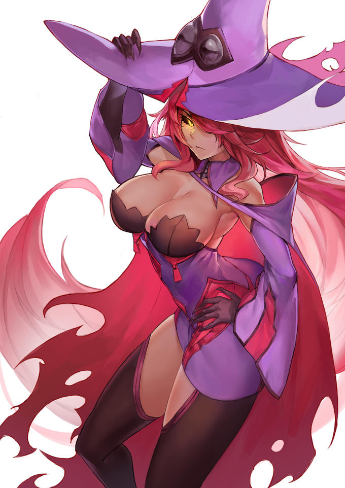 1girls angry atorosu auburn_hair bangs bare_shoulders black_sclera blazblue claws clothed clothed_female clothes clothing collar detached_collar detached_sleeves elbow_gloves evil_eyes female female_focus female_only gloves hair_over_one_eye hand_on_hip hat konoe_a_mercury large_breasts long_hair looking_at_viewer lowres lowres_duplicate messy_hair milf nine_the_phantom nipple_covers pink_hair raised_arm sharp_fingernails shiny_skin slit_pupils solo solo_female solo_focus standing witch witch_hat yellow_eyes