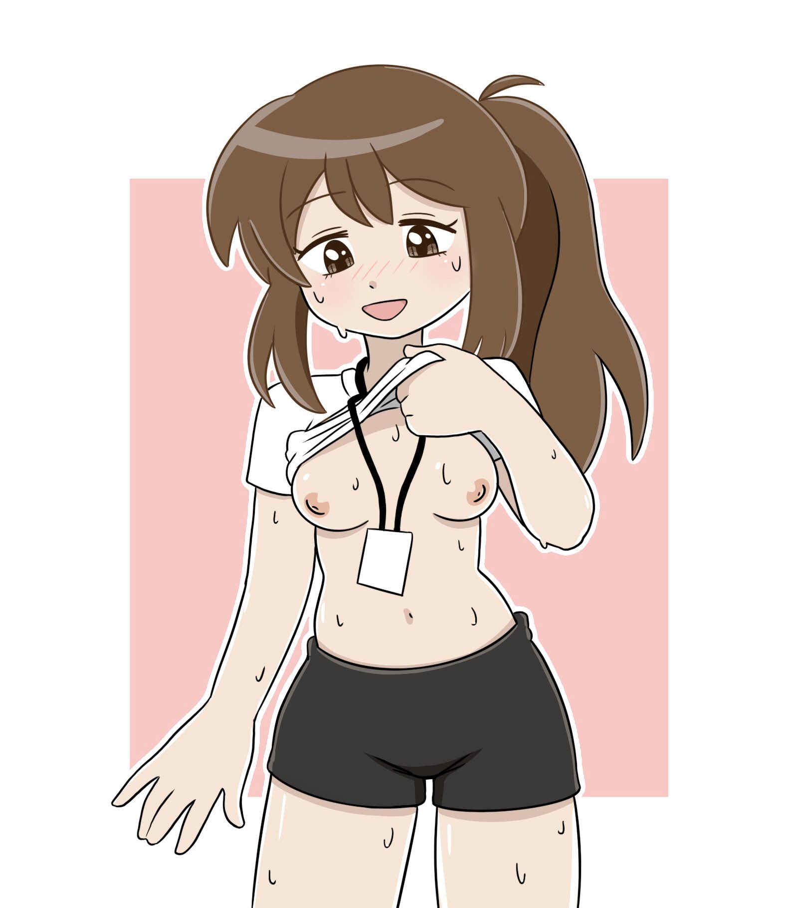 1girls, brown eyes, brown hair, emily sim, emirichu, female, hotpants, panting, smile, sweat, tagme, thrumbo, white shirt, youtube