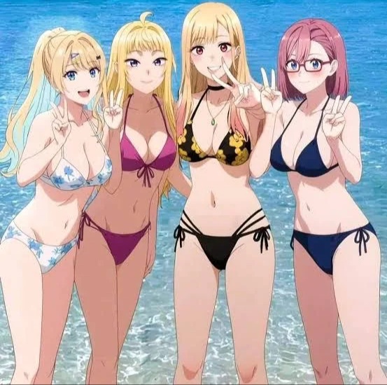 2.5 jigen no ririsa, 4girls, amano ririsa, beach, bikini, crossover, dosanko gal wa namara menkoi, fuyuki minami, glasses, long hair, looking at viewer, marin kitagawa, multiple girls, peace sign, short hair, smile, sono bisque doll wa koi wo suru, v