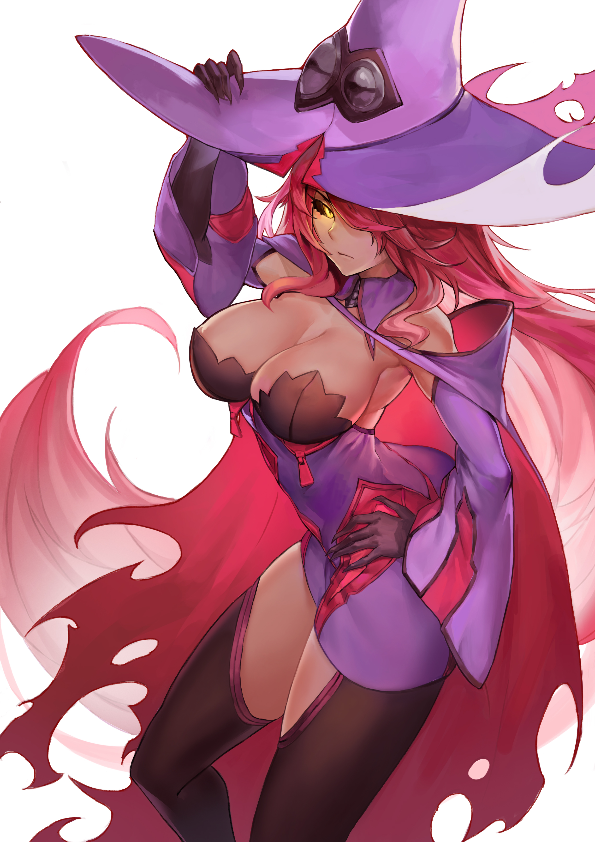 1girls, absurdres, angry, atorosu, auburn hair, bangs, bare shoulders, black sclera, blazblue, breasts, claws, clothed, clothed female, clothes, clothing, collar, detached collar, detached sleeves, elbow gloves, evil eyes, female, female focus, female only, gloves, hair over one eye, hand on hip, hat, highres, konoe a mercury, large breasts, long hair, looking at viewer, messy hair, milf, nine the phantom, nipple covers, pink hair, plain background, raised arm, sharp fingernails, shiny skin, simple background, slit pupils, solo, solo female, solo focus, standing, white background, witch, witch hat, yellow eyes