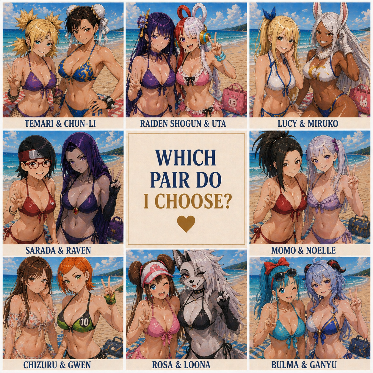 ai generated, ben 10, black clover, boruto: naruto next generations, bulma briefs, chizuru kagura, choice, choose, choose your own adventure, chun-li, dc, dc comics, dragon ball, fairy tail, female, female only, ganyu (genshin impact), genshin impact, gwen tennyson, helluva boss, kanojo okarishimasu, loona (helluva boss), lucy heartfilia, miruko, momo yaoyorozu, multiple girls, my hero academia, naruto, naruto (series), noelle silva, one piece, pokemon, raiden shogun, raven (dc), sarada uchiha, street fighter, teen titans, temari, uta (one piece)