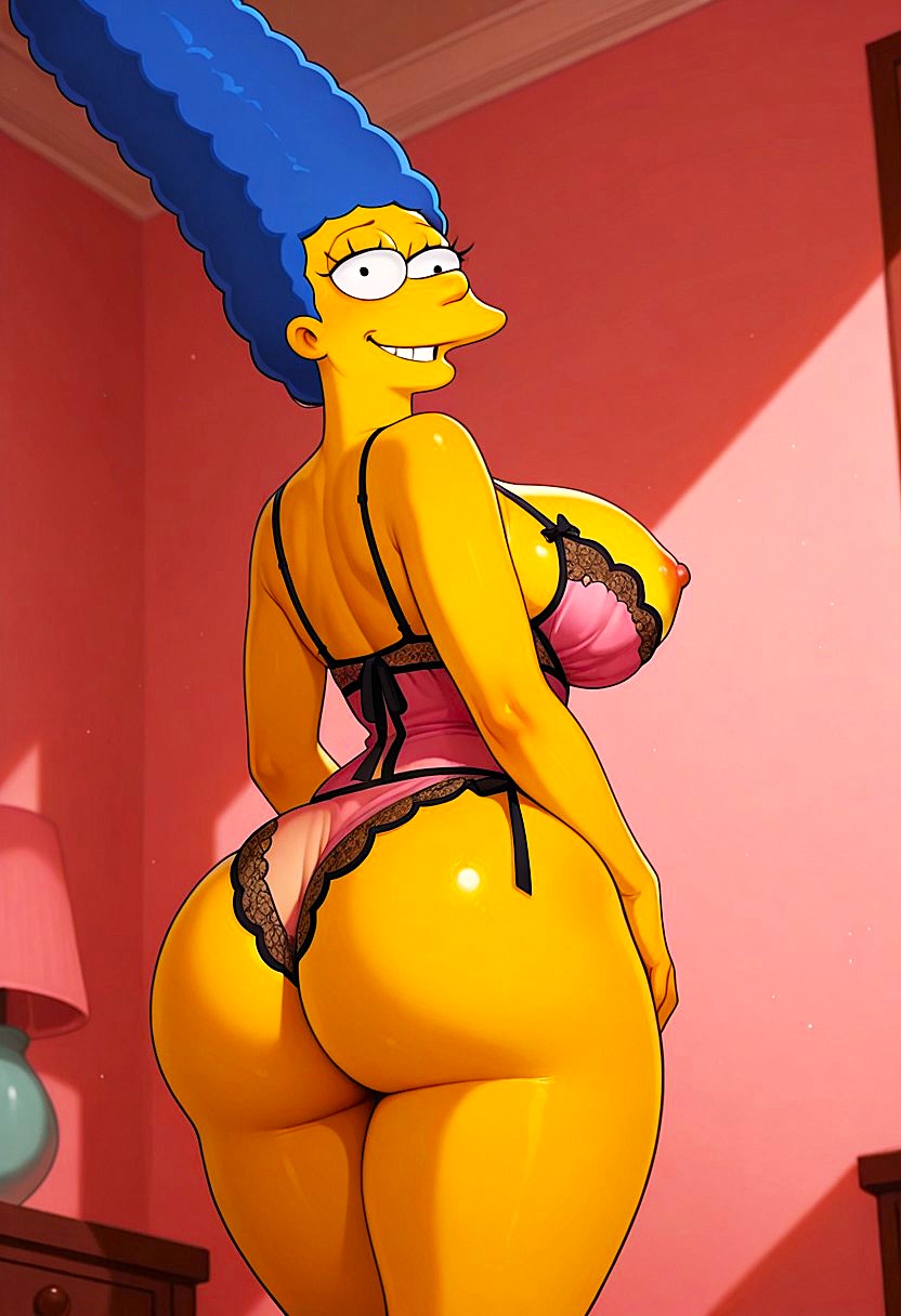 ai generated, ass, breasts out, huge breasts, marge simpson, smiling at viewer, the simpsons