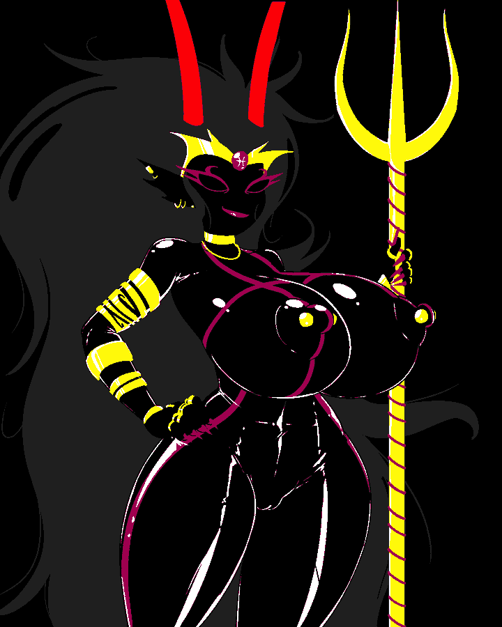 big_breasts gold_jewelry homestuck horns latex_gloves nails nipple_piercing orange_horn pussy reiduran skin_tight the_condesce thick_thighs trident troll wide_hips