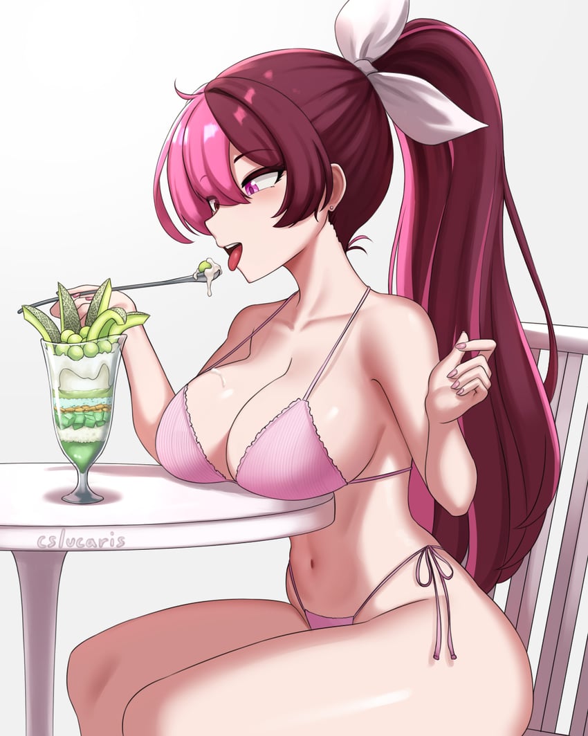 bikini, breast rest, breasts, brown eyes, brown hair, chair, cleavage, collarbone, commentary, cream on breasts, cslucaris, cup, curvy, eating, english commentary, female, food, grey background, hair ribbon, heterochromia, high ponytail, highres, holding, holding spoon, large breasts, long hair, multicolored hair, navel, neo (rwby), neopolitan (rwby), open mouth, parfait, pink bikini, pink eyes, pink hair, pink nails, ponytail, ribbon, rwby, simple background, sitting, solo, spoon, stomach, strap gap, swimsuit, table, thighs, tongue, tongue out, two-tone hair, very long hair, white ribbon