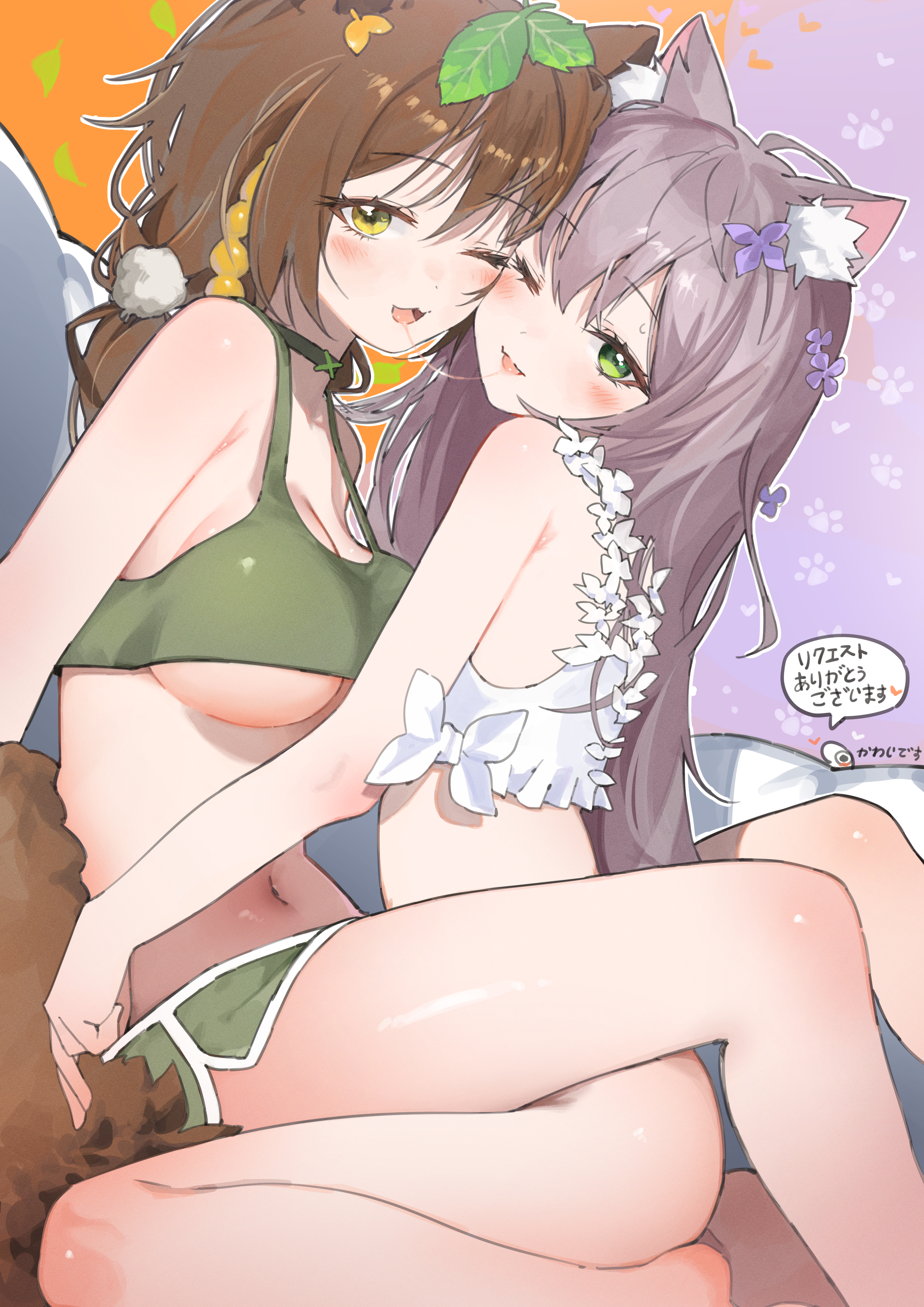 2girls, animal ears, ass, bare shoulders, belly button, booty shorts, bottomless, bra, breasts, cat ears, chocosong, female, honda poko (vtuber), long hair, looking at viewer, medium breasts, multiple girls, nekoda pepero, no panties, one eye closed, open mouth, saliva, saliva string, saliva trail, sitting, smile, thighs, tongue out, virtual youtuber, yuri