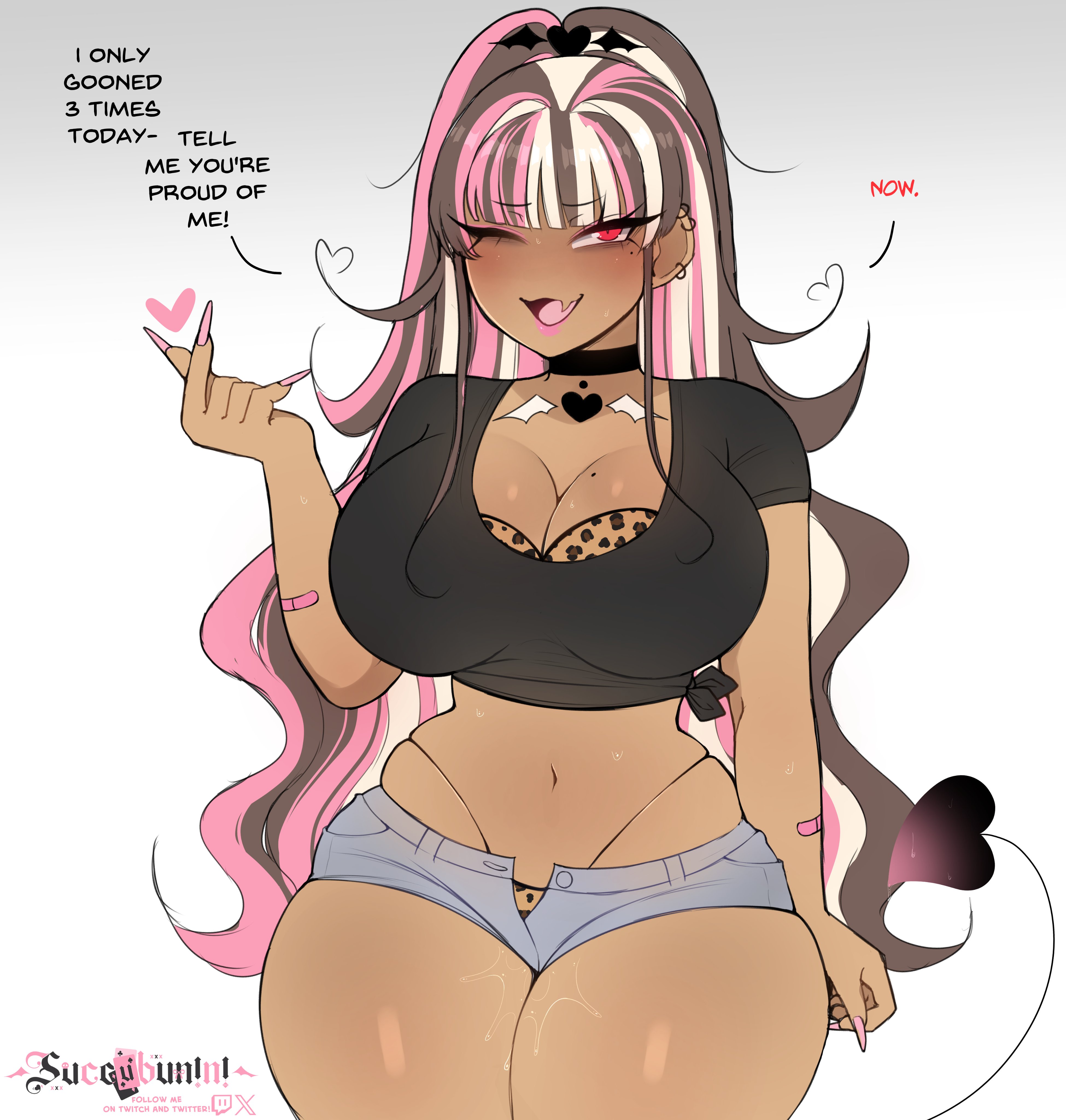 1girls, absurd res, blonde hair, breasts, cinnabus, dark skin, dark-skinned female, english text, female, female focus, female only, hime nini (succubunini), indie virtual youtuber, large breasts, long hair, looking at viewer, original, pink hair, red eyes, solo, succubunini, succubus, succubus tail, tail, text, thick thighs, thighs, three-tone hair, virtual youtuber, white background, wide hips