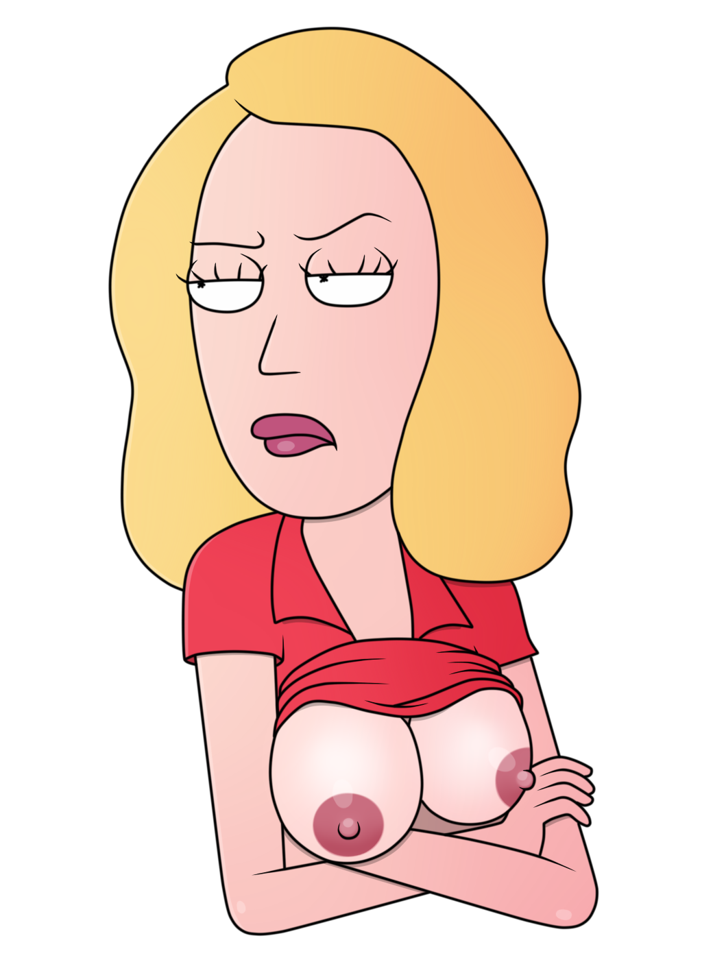 1girls accurate_art_style angry annoyed areolae badbrains beth_smith blonde_hair breasts breasts_out crossed_arms female frown lips lipstick looking_away nipples no_bra puffy_nipples red_shirt rick_and_morty shirt shirt_lift shoulder_length_hair solo solo_female unhappy upper_body