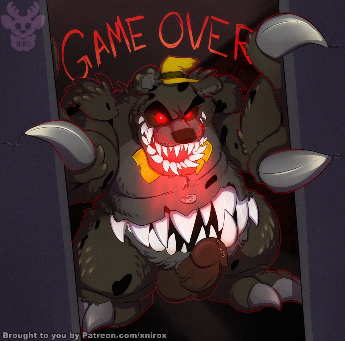 animatronic, anthro, balls, bear, bodily fluids, conditional dnp, english text, five nights at freddy's, five nights at freddy's 4, furry, genital fluids, genitals, machine, male, male only, mammal, nightmare (fnaf), penis, precum, red eyes, robot, sharp teeth, solo, teeth, text, url, ursid, video games, xnirox
