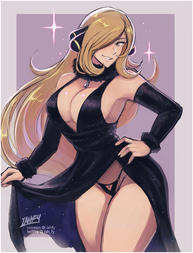 1girls, alternate breast size, armwear, big breasts, black armwear, breasts, cleavage, cynthia (pokemon), female, female only, iahfy, large breasts, looking at viewer, nintendo, panties, pokemon, pokemon champion, pokemon dppt, solo