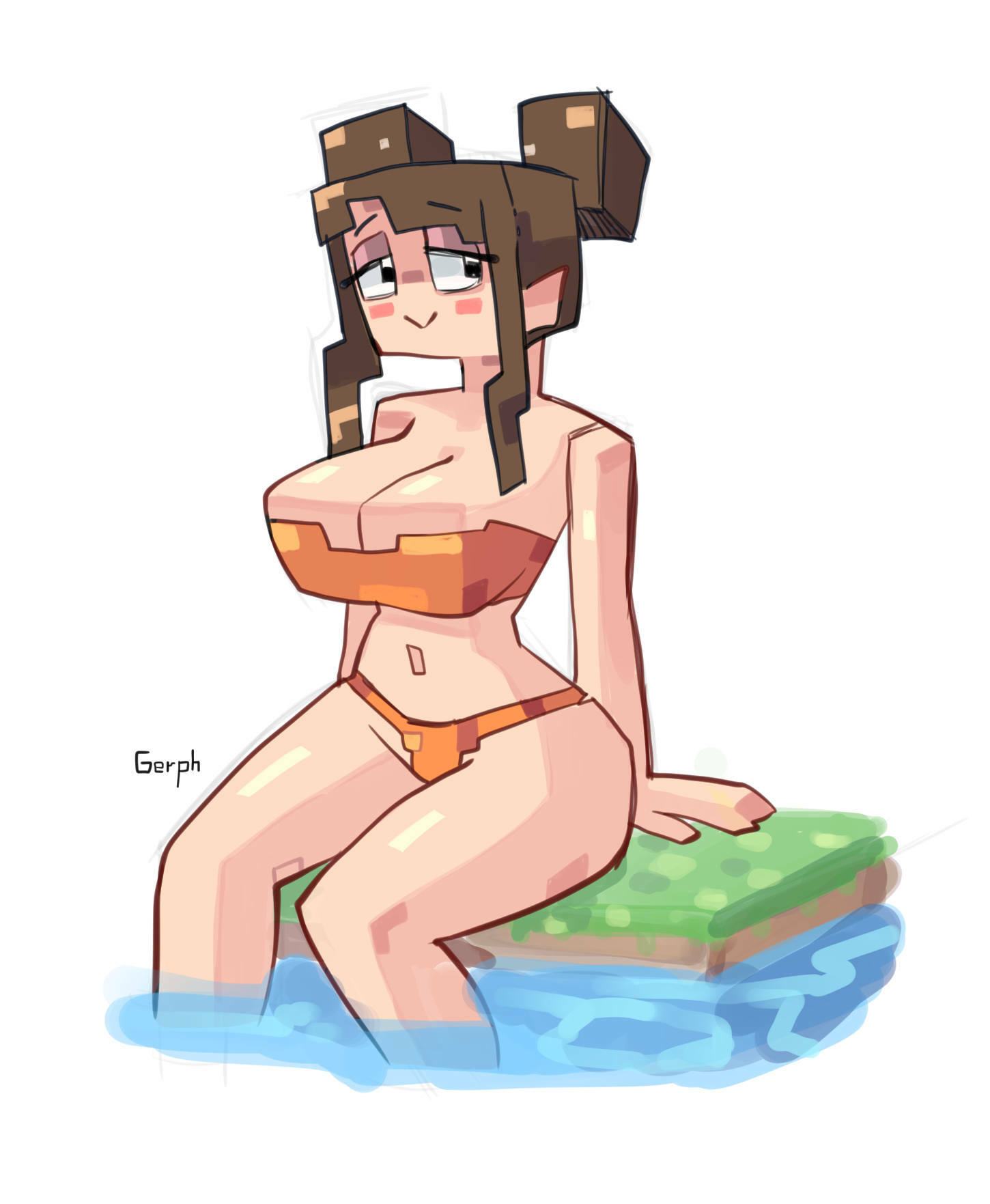 2020, artist name, artist signature, big breasts, bikini, blush, breasts, brown hair, cleavage, color, cubic breasts, eyebrows, eyelashes, female, female only, gerph, hair bun, hips, human, light skin, light-skinned female, midriff, minecraft, navel, orange bikini, pale skin, pale-skinned female, partially submerged, shiny hair, shiny skin, solo, solo female, thighs, white background