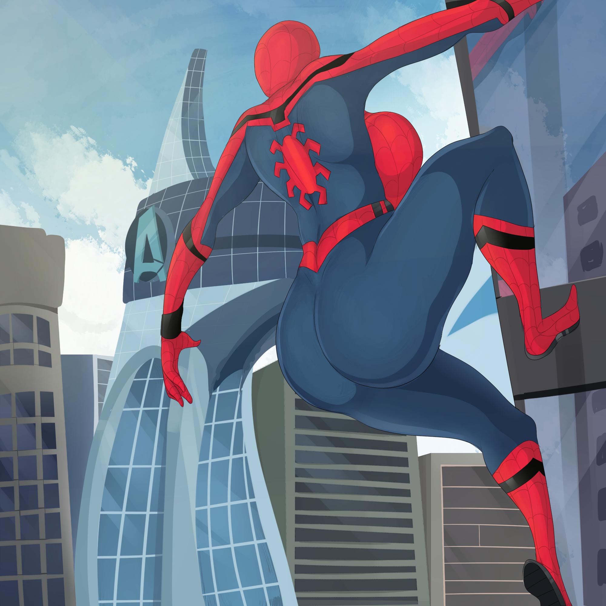 1girls, ass, avengers, avengers tower, big breasts, breasts, city, city background, detnox, female, female only, genderswap, huge ass, huge breasts, human, human only, looking away, marvel, marvel cinematic universe, marvel comics, no source, rule 63, smooth skin, spider-man, spider-man (series), superhero