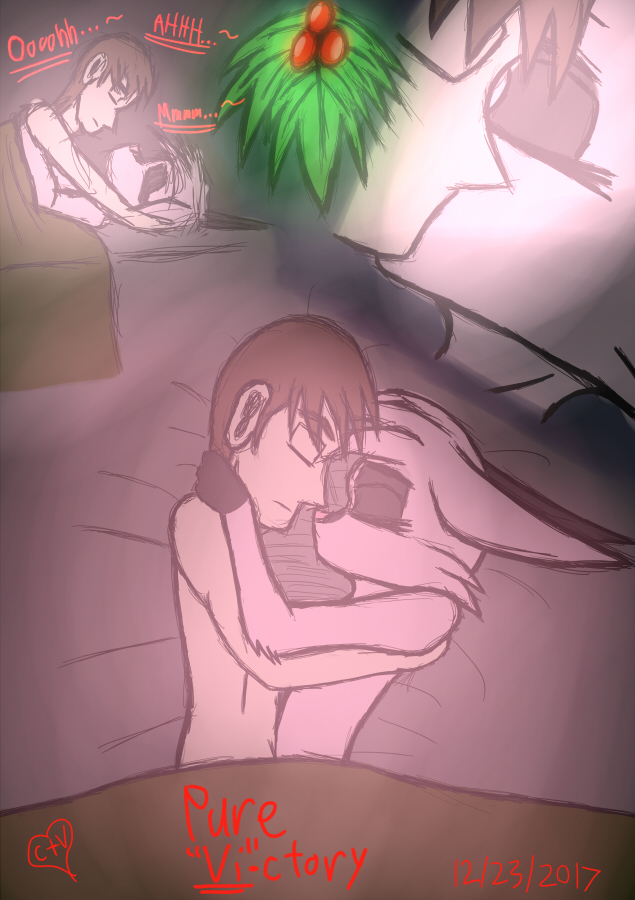 anthro bed breasts brown_hair charlieascende christmas dreamkeepers duo female fur furniture hair holidays human human_on_anthro interspecies kissing male mammal mistletoe nude pink_body pink_fur pink_hair plant sex straight viriathus