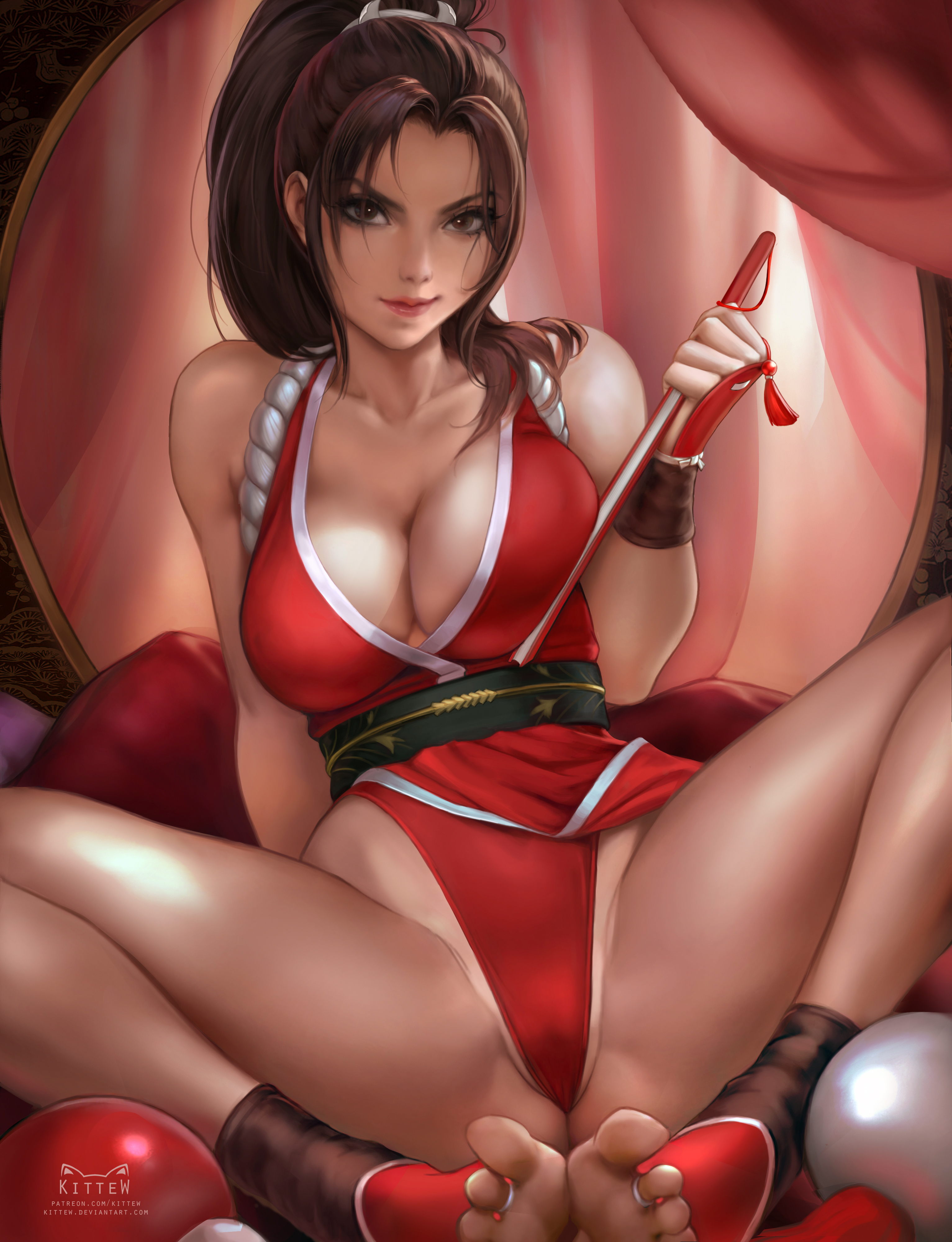 1girls, bare legs, bare shoulders, barefoot, breasts, brown eyes, brown hair, cleavage, fatal fury, feet, female, female only, king of fighters, kittew, kunoichi, large breasts, looking at viewer, mai shiranui, pelvic curtain, pony tail, ponytail, smiling, smiling at viewer, snk, solo, tight clothing, toes