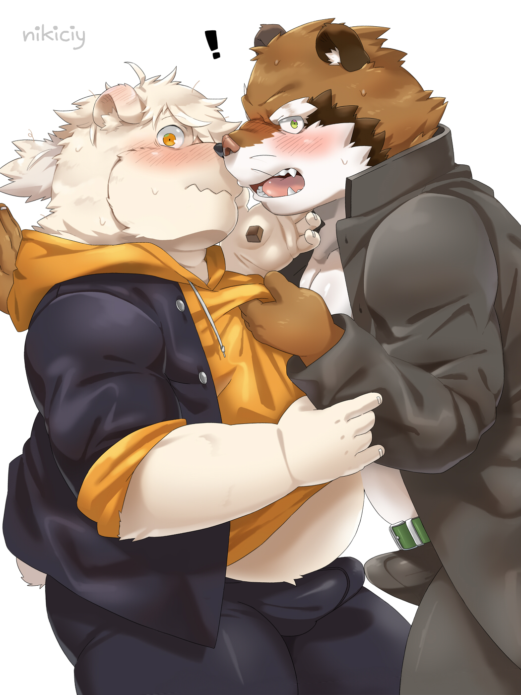 ! 2020 3:4 anthro belly blush bottomwear brown_body brown_fur bulge canid canine clothing duo erection erection_under_clothing fur hi_res hoodie humanoid_hands male male/male mammal nikiciy overweight overweight_male pants polar_bear raccoon_dog ryokuichi_(nikiciy) shirou_(nikiciy) shirt tanuki topwear ursid ursine white_body white_fur