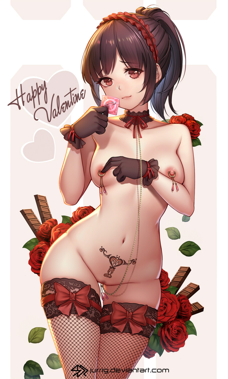 :3 artist_name ass_visible_through_thighs bangs black_choker black_gloves bow breasts censored chocolate choker clitoris_piercing collarbone condom condom_wrapper covering_nipples eyebrows_visible_through_hair female fishnet_legwear fishnets flower frilled_hairband frills gloves groin hairband happy_valentine heart highres hips holding holding_condom jurrig leaf mosaic_censoring navel neck_ribbon nipple_piercing nipples nude original penis_tattoo piercing pink_lips ponytail pubic_hair pubic_tattoo pussy red_bow red_flower red_hairband red_neckwear red_ribbon red_rose ribbon rose sabotaged_condom safety_pin short_hair short_ponytail sidelocks skindentation small_breasts solo stomach thigh_gap thighhighs valentine's_day watermark web_address wide_hips womb_tattoo