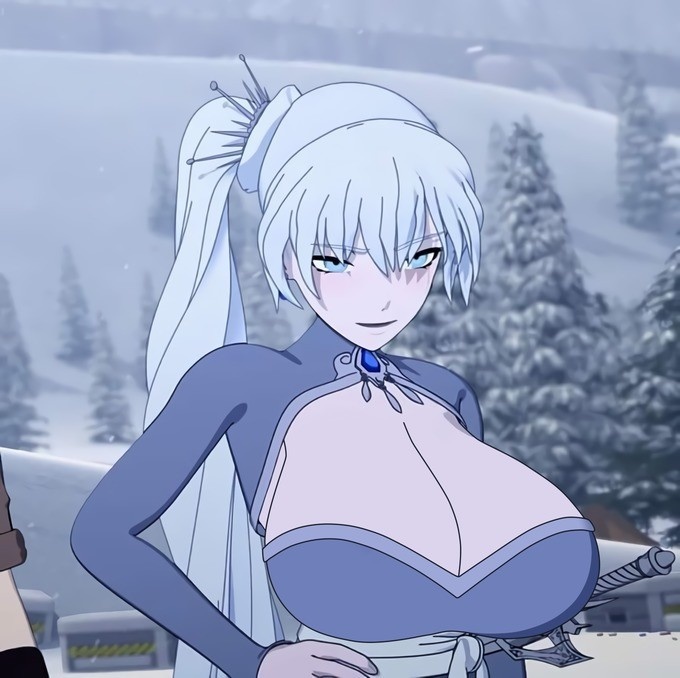 1girls 3d blue_eyes breasts cleavage edit female_only fully_clothed hair_ornament huge_breasts jewelry myrtenaster ponytail rapier rwby screenshot_edit solo sword weapon weiss_schnee white_hair