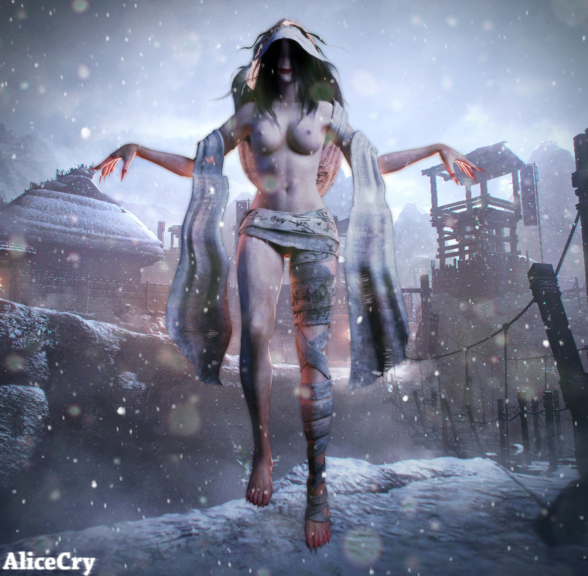 alicecry, breasts, female, female only, flying bolt (nioh), japan, japanese, monster, nioh, solo, winter, yokai