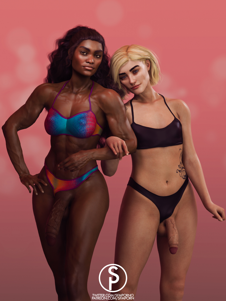 2futas 3d abs balls bare_legs big_breasts big_penis black_eyebrows black_panties blonde_hair blush bra breasts cleavage dark-skinned_futanari dark_hair dark_skin dickgirl erect_nipples erect_nipples_under_clothes femboy futa_only futa_with_futa futanari large_breasts light-skinned_femboy light_skin looking_at_viewer makeup muscles muscular muscular_futanari navel nina_broughton panties_aside penis penis_size_difference semi-erect sfmporn_(artist) small_breasts standing tattoo testicles veiny_penis wide_hips