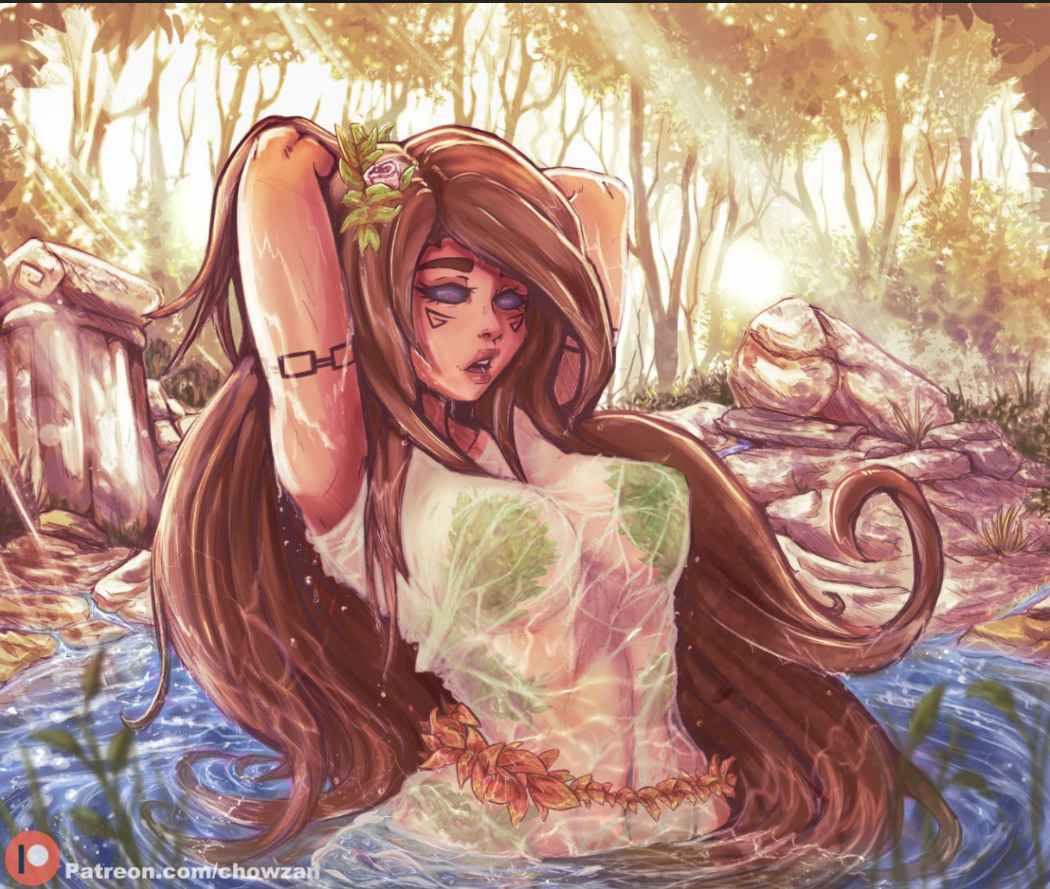 armpits arms_above_head bathing big_breasts black_sclera breasts brown_hair charlotte_mors dress dripping fantasy forest leaf lips long_hair nymph original original_character patreon perky_breasts pinup reliusmax see-through see-through_clothing spring tattoo water wet wet_shirt white_shirt