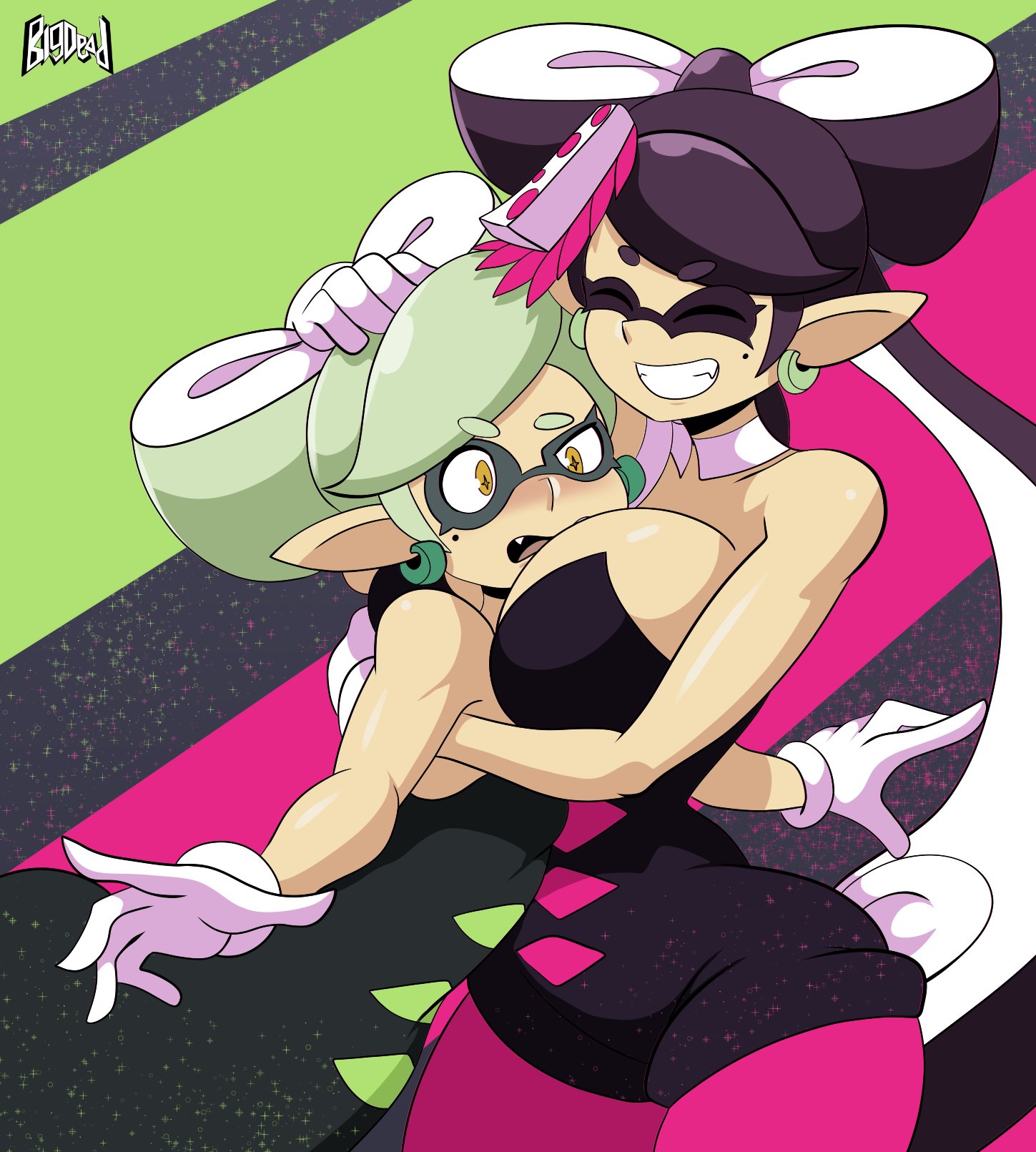 2girls, big breasts, bigdeadalive, blush, breast smother, breasts, callie (splatoon), female, happy, hugging, marie (splatoon), nintendo, oppai, small breasts, splatoon, squid sisters, surprised, wide hips, yuri
