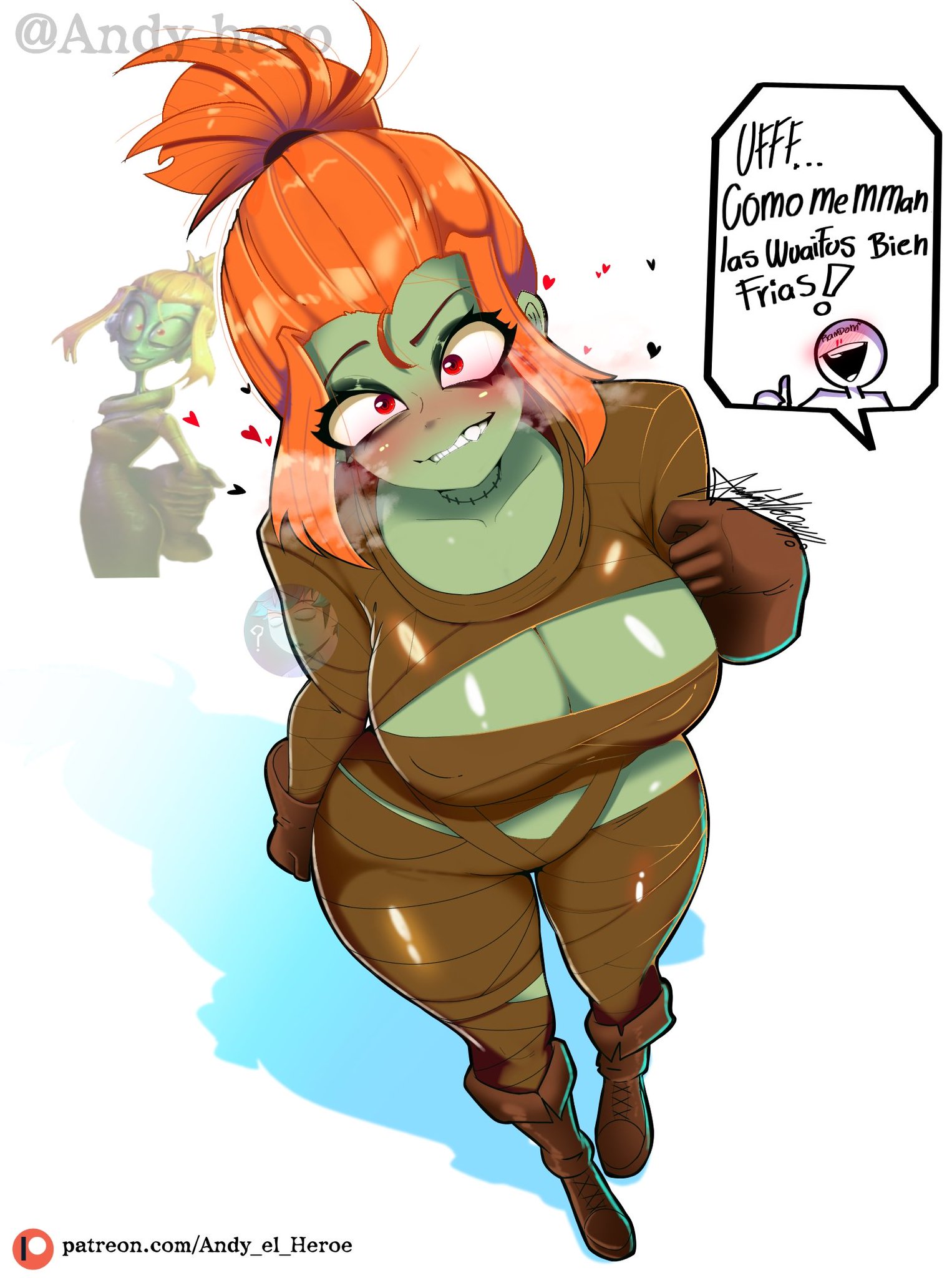 andy hero, artist name, breasts, digital drawing (artwork), female, glitch productions, heat, horny, hottie, human, human female, melancholy (the gaslight district), melancholy hill, needy, part time seagull, spanish text, the gaslight district, thick