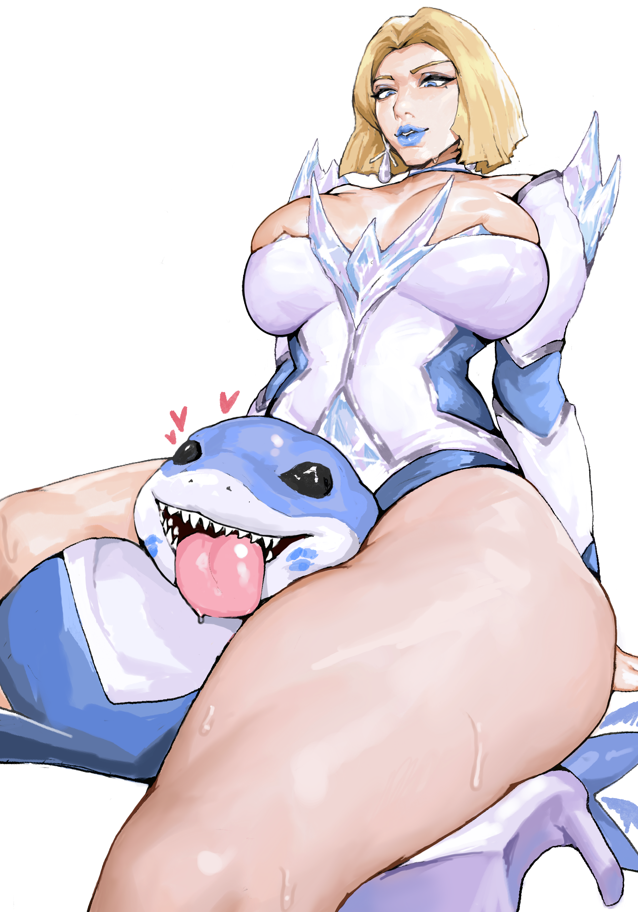 2d, big breasts, blonde female, blonde hair, blue lipstick, bob cut, boots, breasts, clothed, clothed female, dominant male, dominatrix, emma frost, emma frost (marvel rivals), female, female focus, femdom, head between thighs, high heel boots, jeff the land shark, male, marvel, marvel comics, marvel rivals, submissive male, sweatdrop, thick thighs, thigh squish, tomatosp