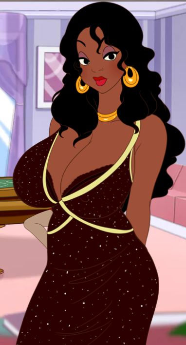 black_hair breasts cartoon_style casino_background cleavage curvy dark_skin earrings elegant evening_gown female gold_accessories indoors inusen jewelry large_breasts laticia_(milftoon_drama) long_hair milftoon milftoon_drama necklace nsfw_game seductive_pose solo sparkly_dress standing thick_thighs tight_dress western wide_hips