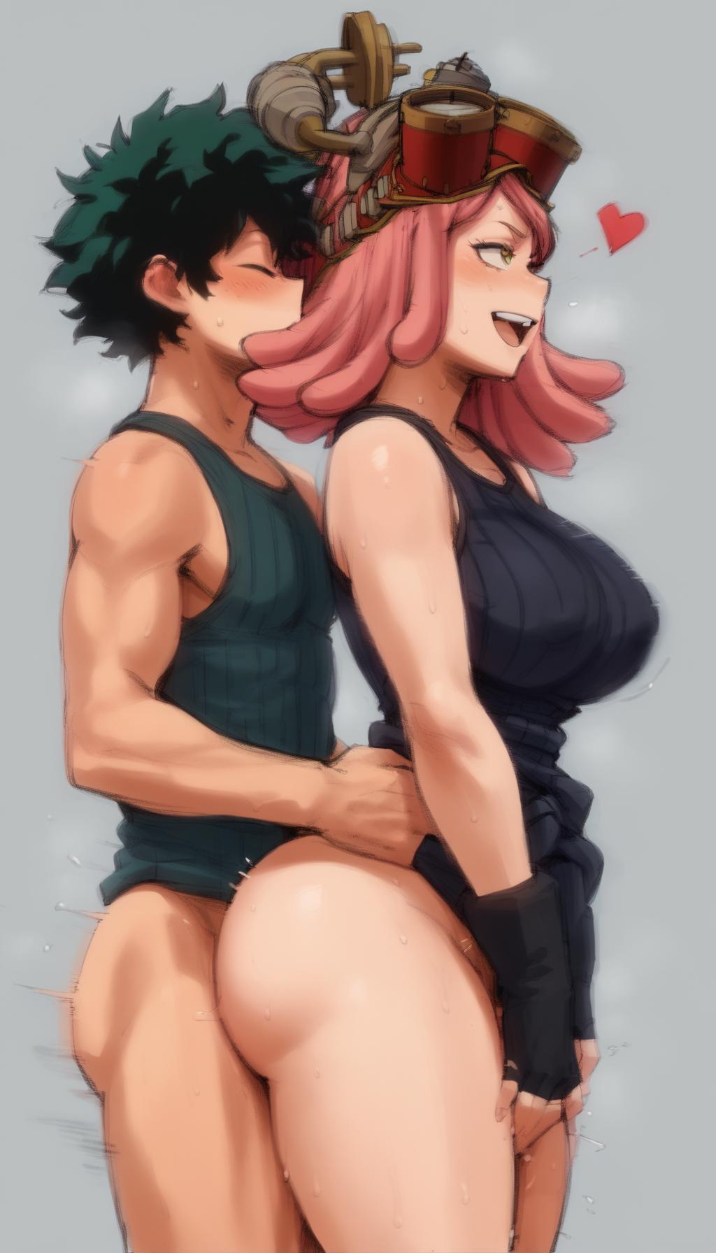 1boy, 1girls, ai generated, ambiguous penetration, blush, female, green hair, green-haired male, izuku midoriya, mei hatsume, moan, my hero academia, pink hair, pink-haired female, sex
