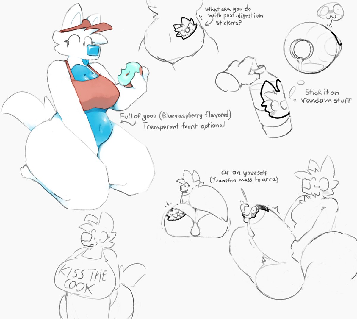 2024 after_vore anthro ass ball_tuft balls belly big_belly big_butt blue_belly blue_nose blue_tongue blush brown_clothing brown_hat brown_headwear brown_topwear bulge bulge_from_behind canid canine canis cheesecake_(sofmallow) clothing dessert digital_drawing_(artwork) digital_media_(artwork) domestic_dog doughnut english_text female food genitals hat headgear headwear holding_food holding_object kiss_the_cook mammal navel panties pastry penis rear_view simple_background sitting sofmallow tail text thick_thighs tongue tongue_out topwear tuft underwear vore vore_tattoo white_background white_body white_ears white_tail