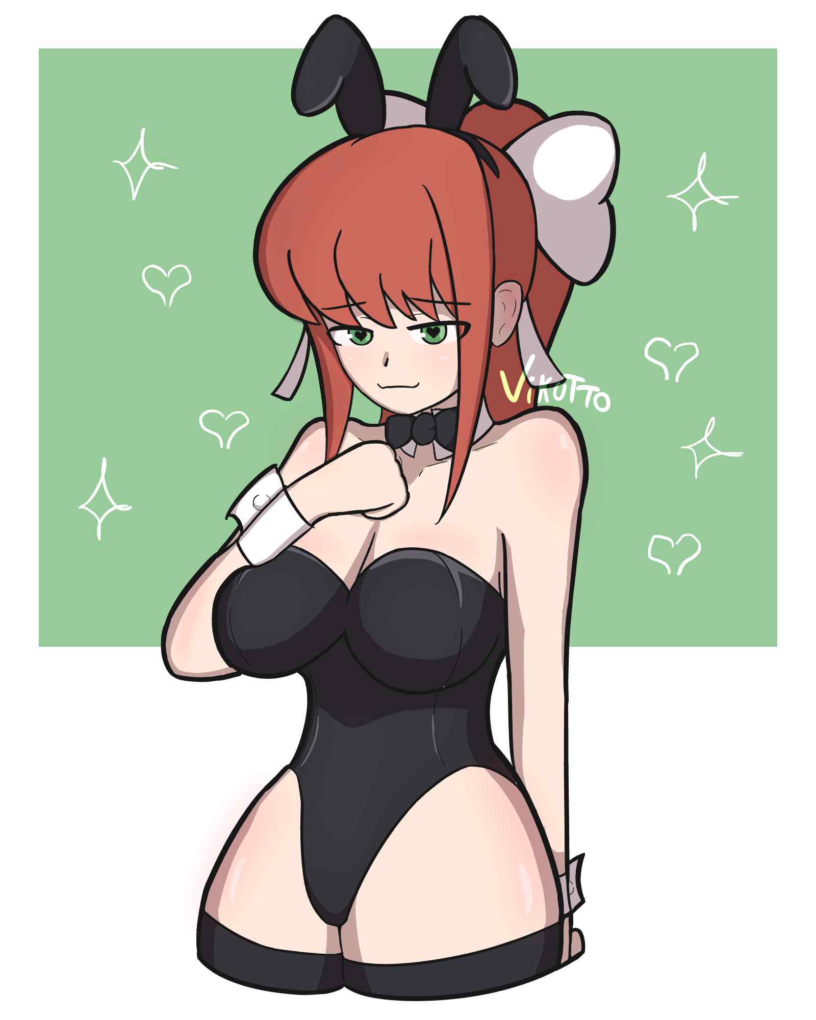 1girls, ass, big ass, big breasts, black legwear, breasts, bunny costume, bunny ears, bunny girl, bunnysuit, doki doki literature club, female, female focus, female only, green background, green eyes, heart, light skin, long hair, monika (doki doki literature club), playboy bunny, self upload, simple background, smile, solo, solo female, thighs, vikutto, white bow