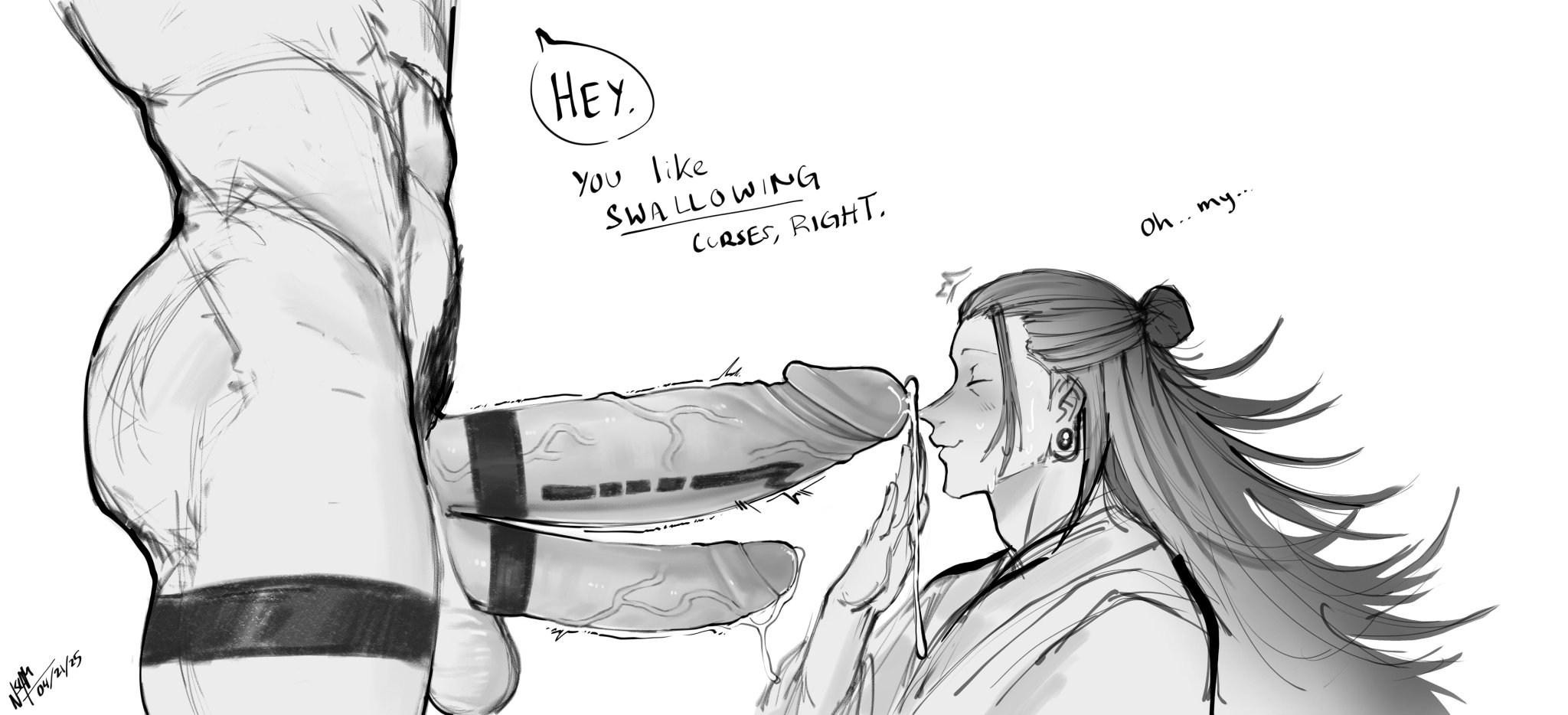 2 penises, ass, balls, big balls, big penis, black stripes, blush, dialogue, diphallia, diphallism, earrings, gay, jujutsu kaisen, leaking precum, long hair, male, male/male, multi genitalia, multi penis, muscles, muscular, muscular male, nervous, nervous smile, notsafe4marcus, penis, precum, pubic hair, round ass, round butt, ryoumen sukuna (jujutsu kaisen), stripes, suguru geto, teasing, thick thighs, twitching, twitching penis, yaoi