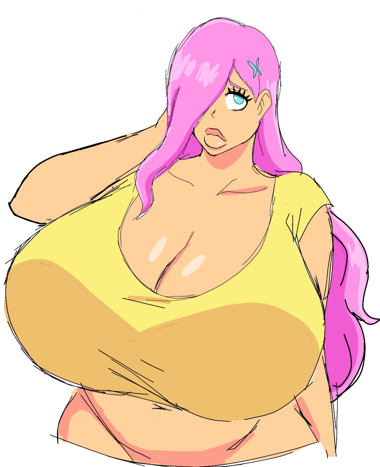 1girls, 2d, 2d (artwork), alternate body type, alternate breast size, big breasts, blue eyes, blue-eyed female, breasts, breasts bigger than head, busty, busty female, curvy, curvy body, curvy female, curvy figure, digital drawing (artwork), digital media (artwork), eyelashes, female, female focus, female only, fluttershy (eg), hand on head, hasbro, huge breasts, human, human female, kissable lips, large breasts, lips, long hair, long-haired female, mature, mature woman, momiji (artist), my little pony, my little pony equestria girls, navel, pink hair, pink-haired female, shiny breasts, simple background, solo, solo female, solo focus, upper body, white background, yellow shirt