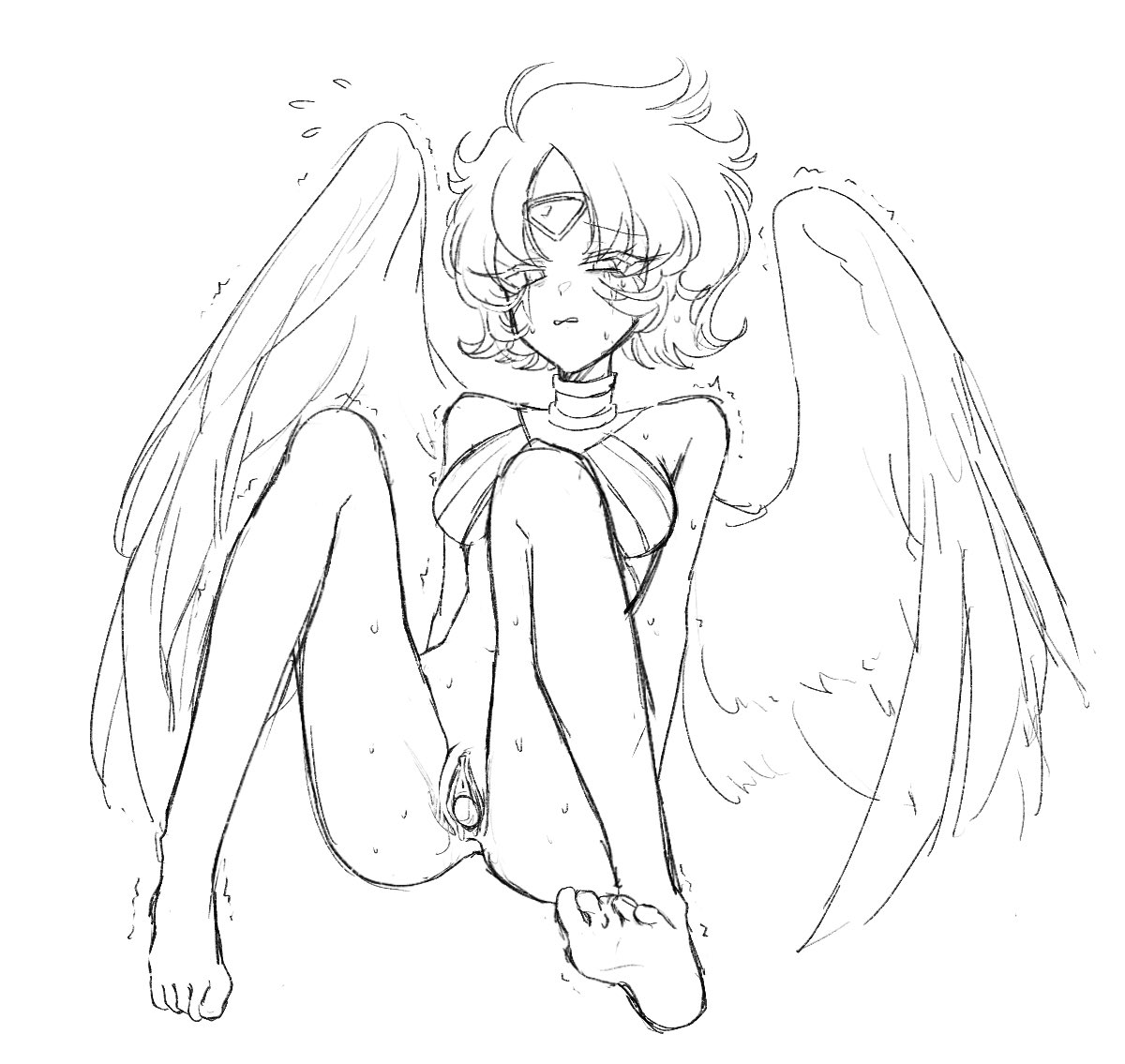 birth, birthing, breasts, cookie run, cookie run kingdom, egg, egg laying, female, golden cheese cookie, medium breasts, no panties, short hair, sweat, tearing up, tremble lines, trembling, waitaminutehoru, wings