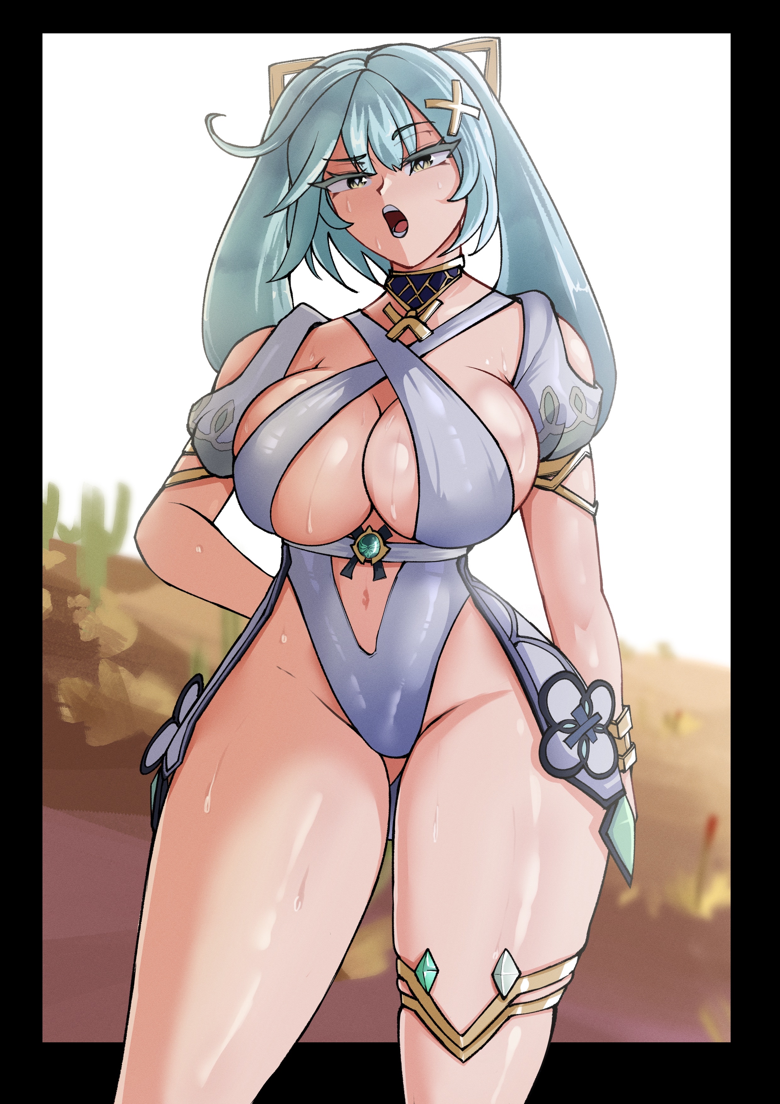1girls, absurd res, breasts, deadcloud, faruzan (genshin impact), female, female focus, female only, genshin impact, hi res, interspecies, large breasts, light skin, light-skinned female, looking at viewer, solo, textless version, thick thighs, thighs, variant set, wide hips