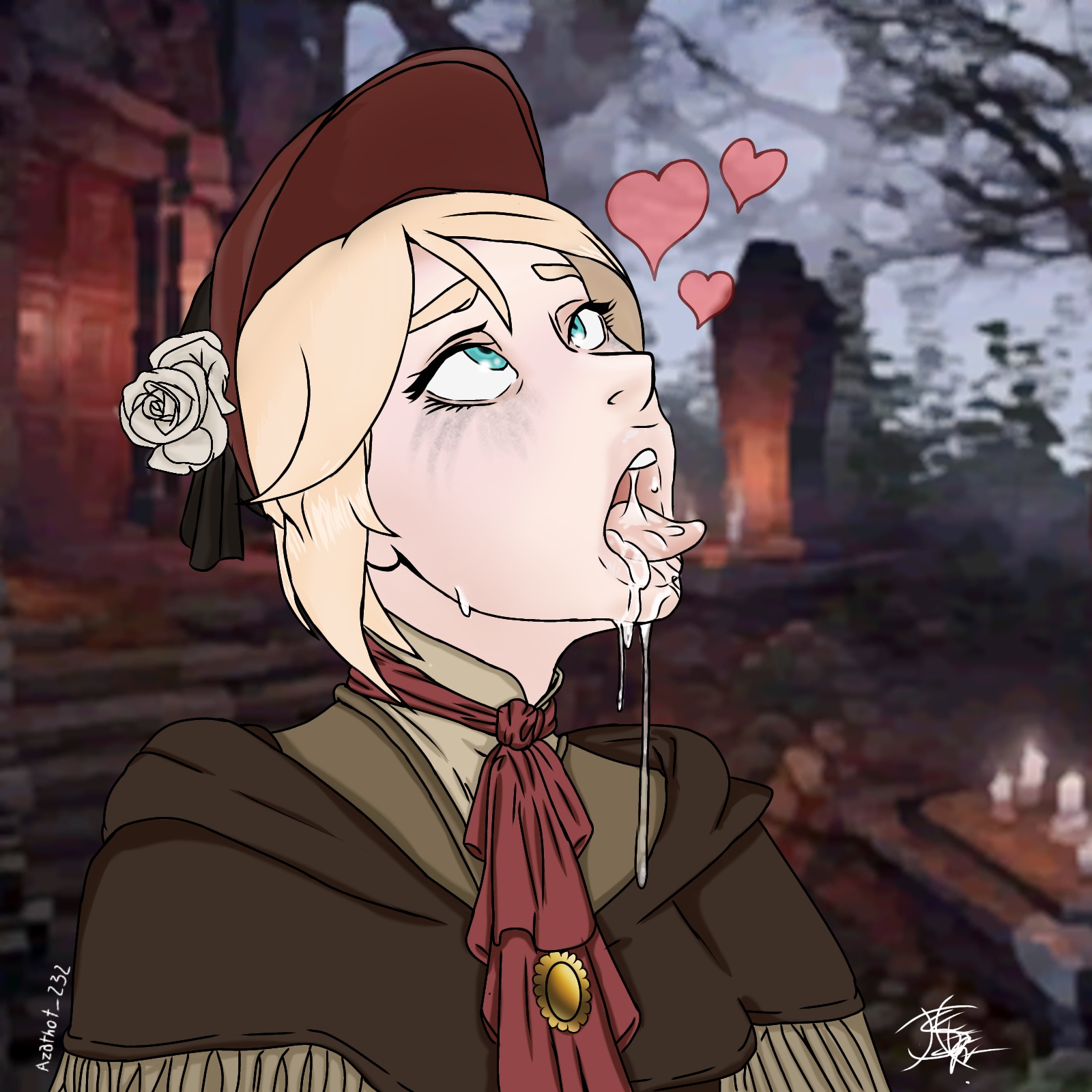 1girls, 2d, ahe gao, azathot232, blonde hair, bloodborne, blue eyes, bonnet, cum, cum in mouth, doll, dress, female, female only, fromsoftware, hearts, plain doll, runny makeup, shawl, solo, solo female, white hair, white skin