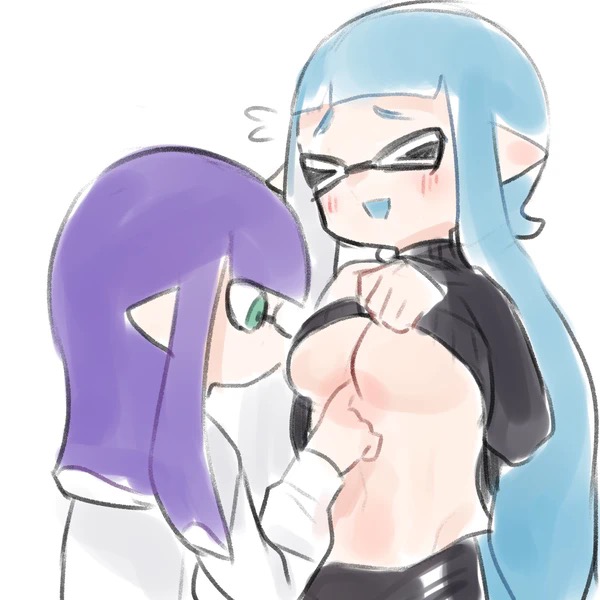 2girls, anthro, blue hair, breasts, cephalopod, cephalopod humanoid, closed eyes, curious, female, funyafunya1010, green eyes, humanoid, inkling, inkling girl, large breasts, laugh, mask (marking), nintendo, pointy ears, poking, purple hair, shirt lift, splatoon, squid, sweater, tentacle, tentacle hair, underboob