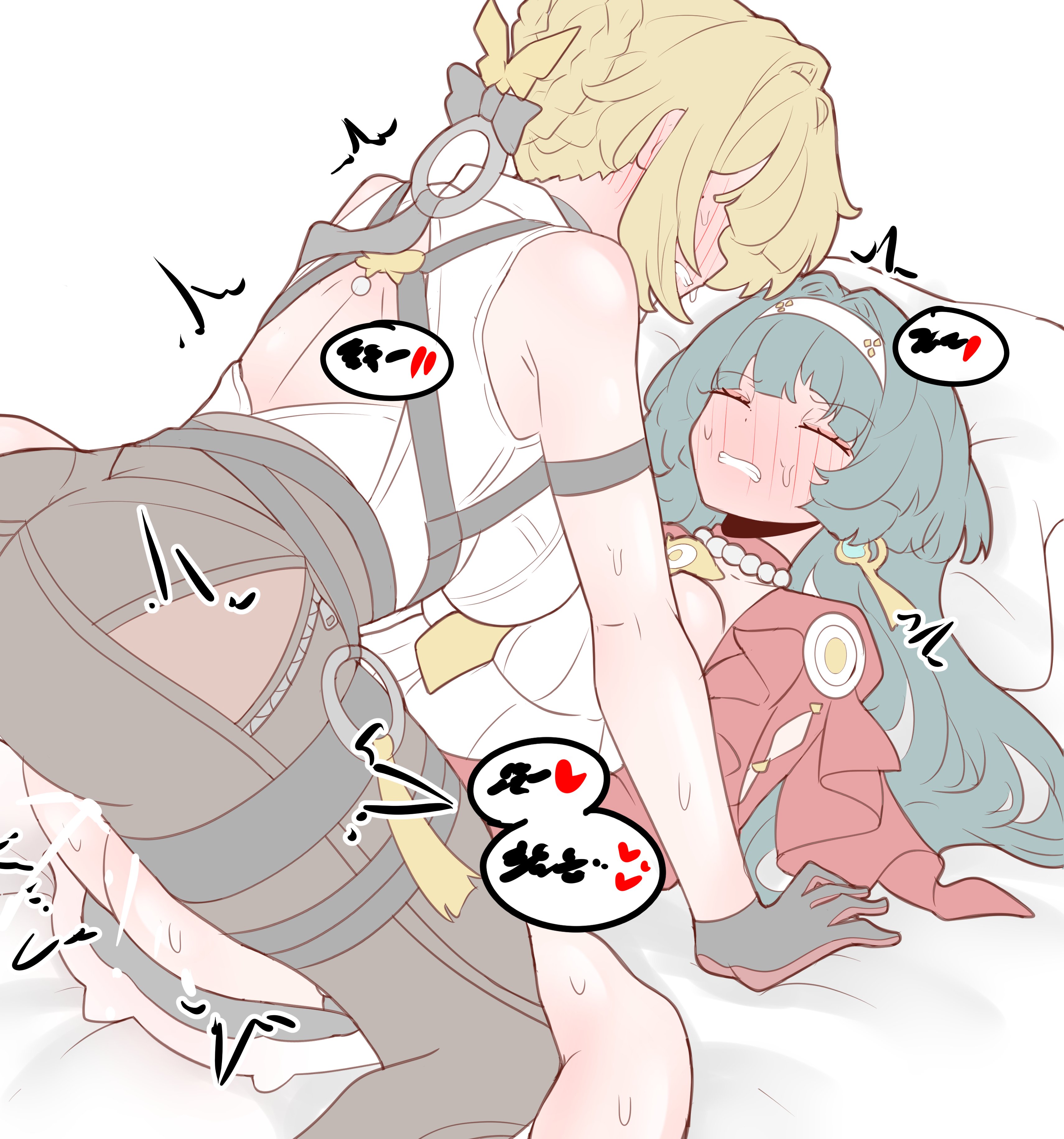 1futa, 1girls, ahe gao, astra yao, blush, closed eyes, clothed, clothing, evelyn chevalier, female, futa on female, futadom, futanari, intersex, korean text, light skin, light-skinned female, light-skinned futa, looking at another, mostly clothed, physisyoon, sex, zenless zone zero